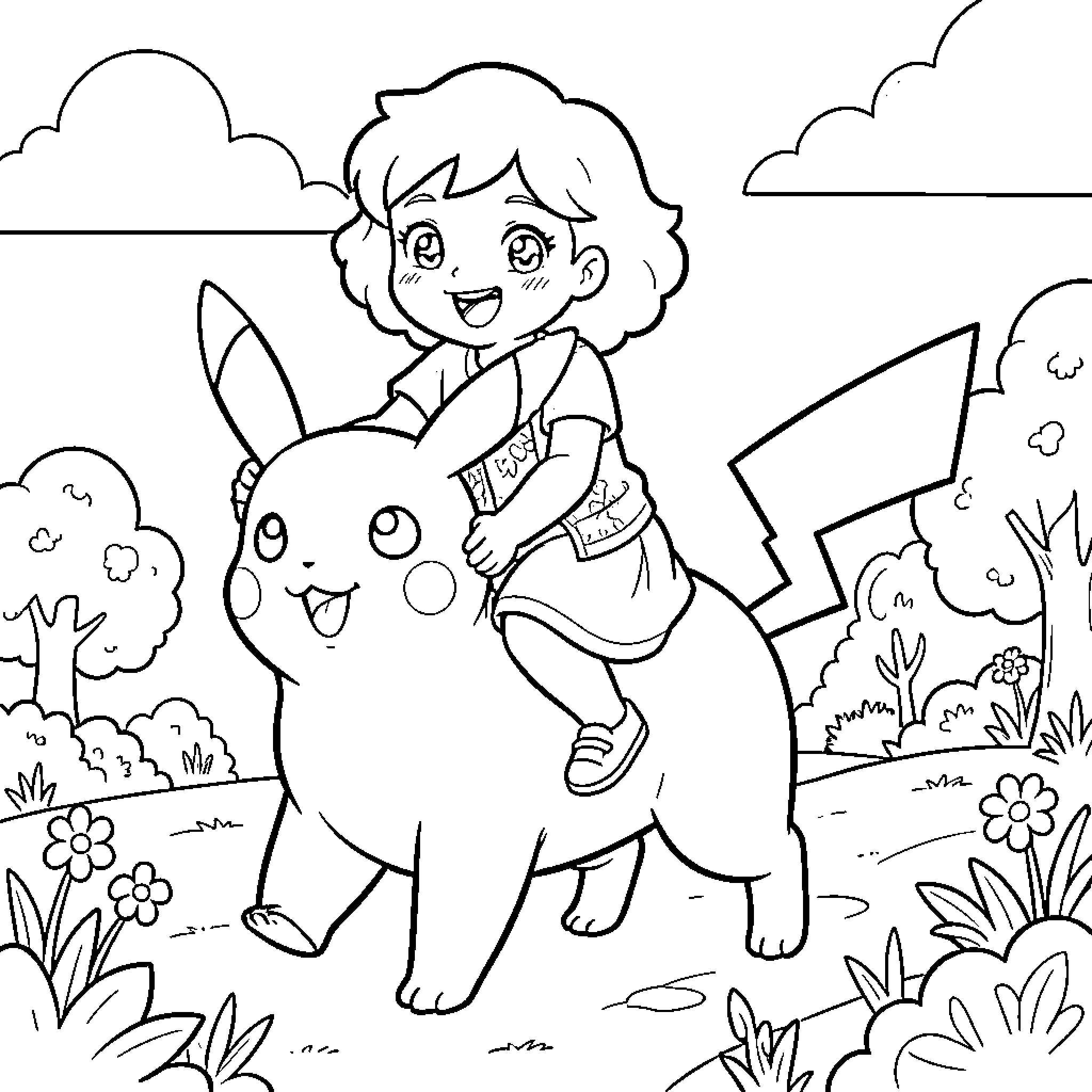 Dora's Adventure with Pikachu in the Meadow Coloring Page (free black-and-white line drawing printable PDF for all, from beginners to advanced learners, including children, teens, adults, and seniors)
