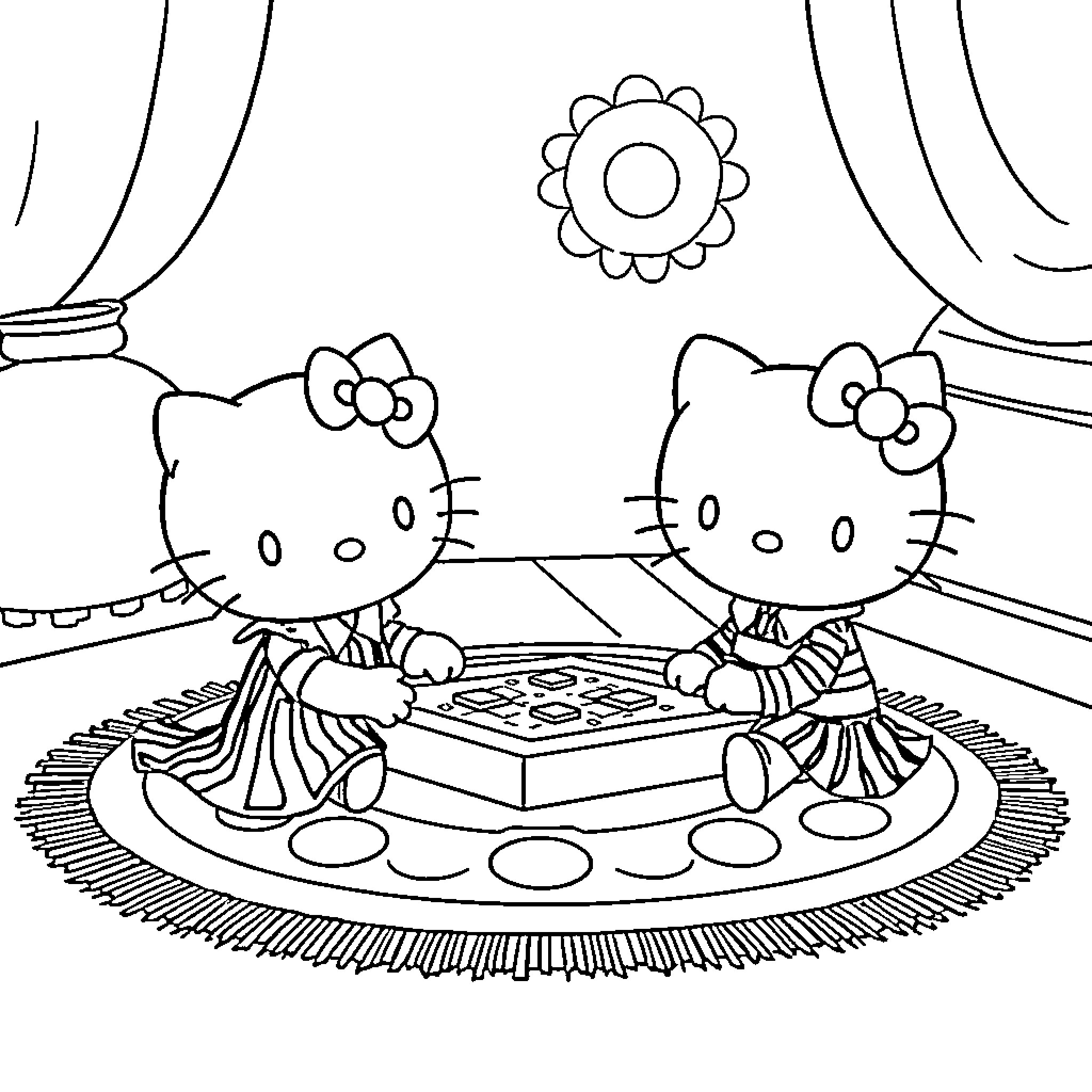 Hello Kitty and friends having a tea party Coloring Page (free black-and-white line drawing printable PDF for all, from beginners to advanced learners, including children, teens, adults, and seniors)