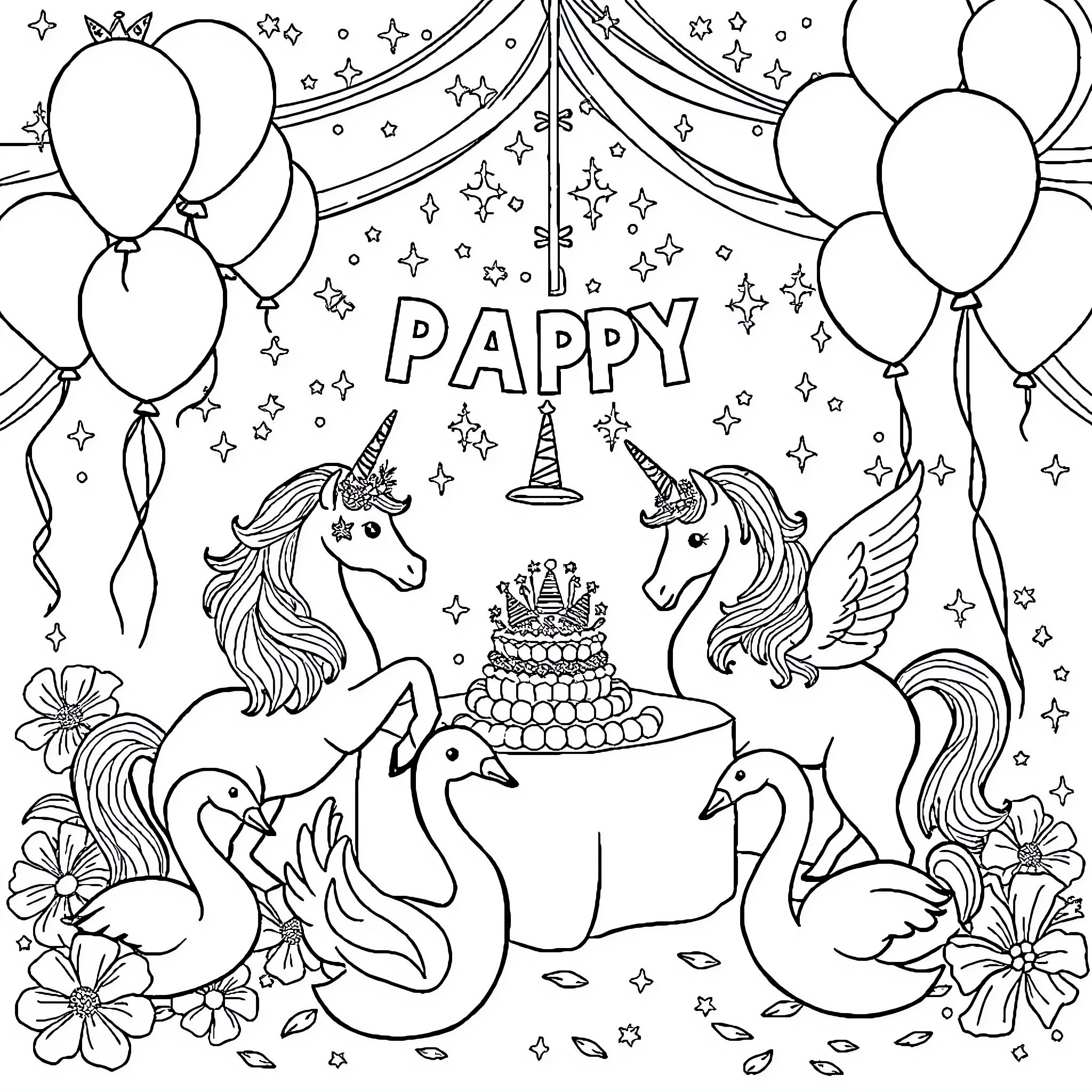 Unicorn Birthday Party with Balloons and Swans Coloring Page (free black-and-white line drawing printable PDF for all, from beginners to advanced learners, including children, teens, adults, and seniors)