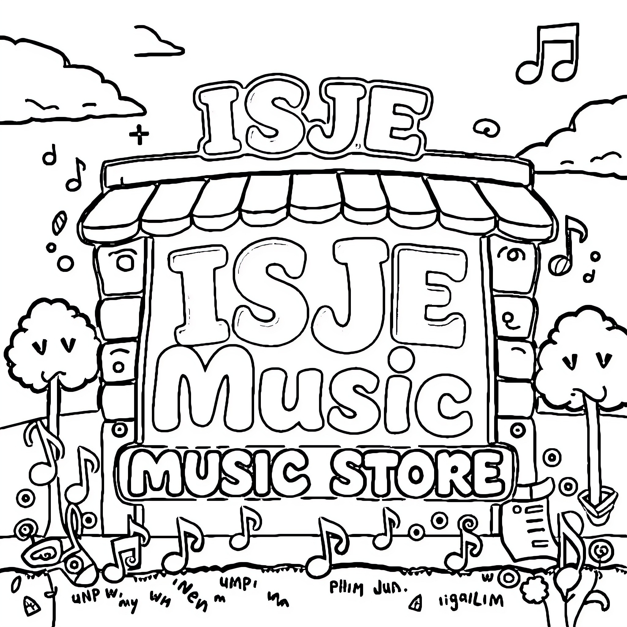 Logo for a Music Store called 'Isje Music' Coloring Page (free black-and-white line drawing printable PDF for all, from beginners to advanced learners, including children, teens, adults, and seniors)