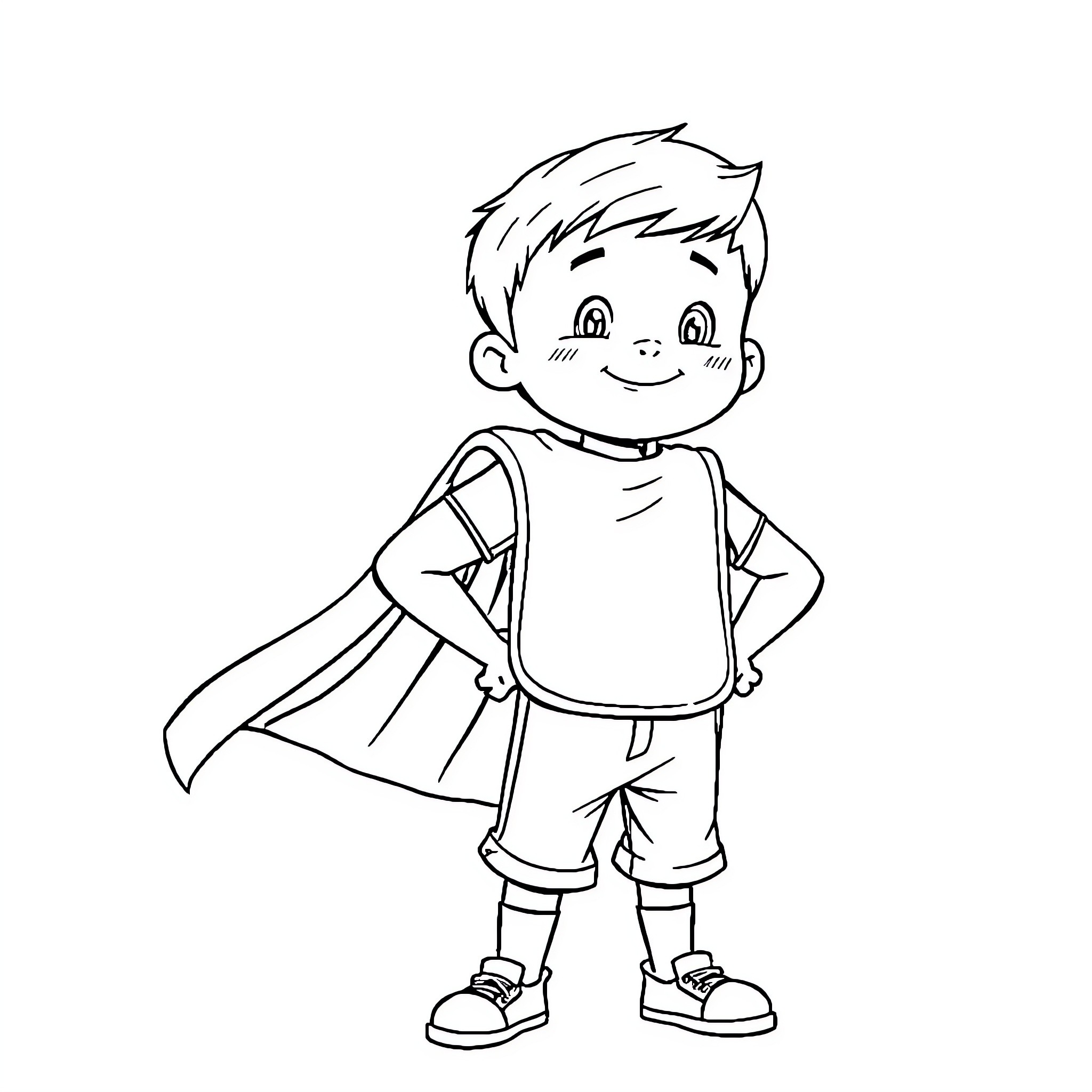 Boy in superhero costume ready for adventure Coloring Page (free black-and-white line drawing printable PDF for all, from beginners to advanced learners, including children, teens, adults, and seniors)
