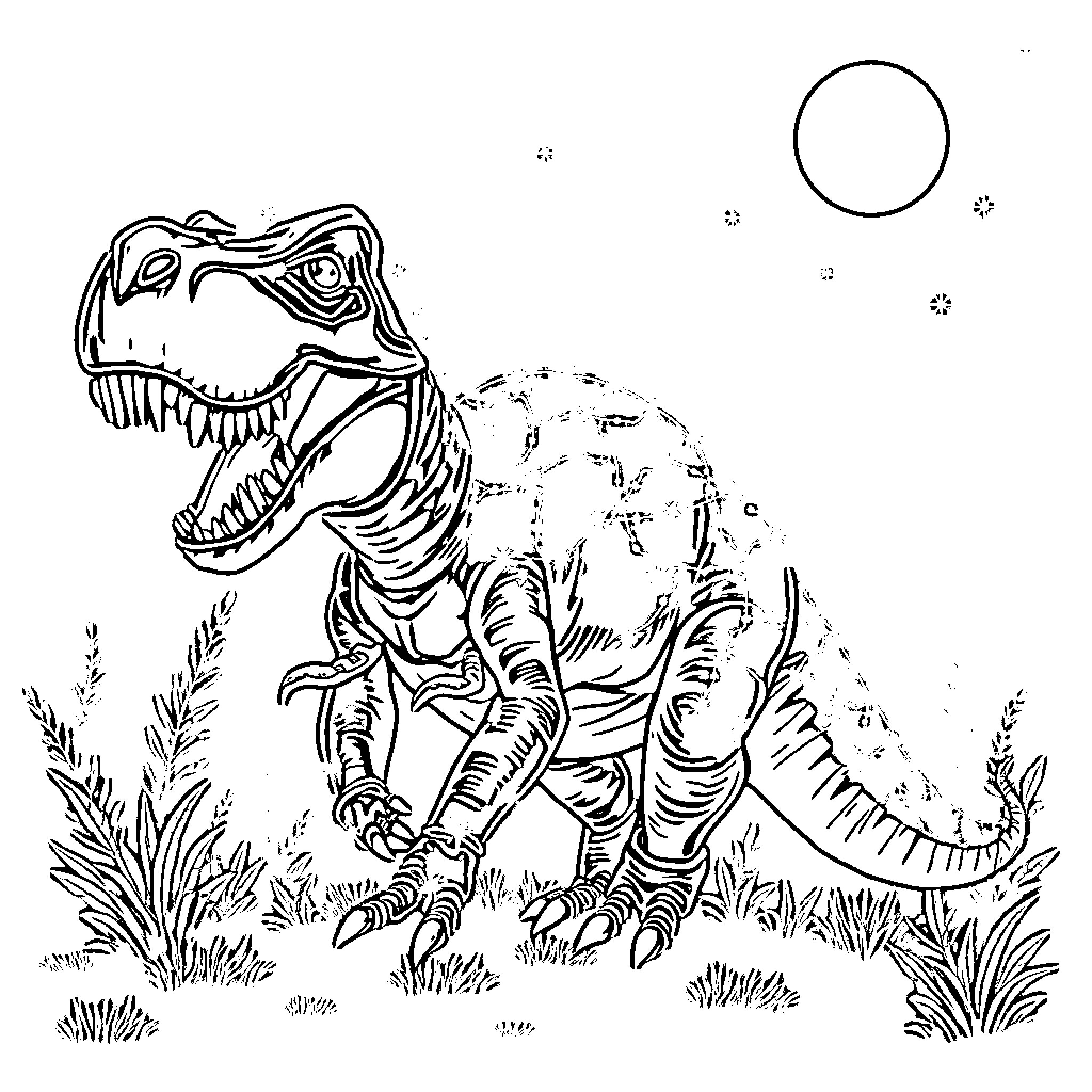 T-Rex roaming through prehistoric landscape Coloring Page (free black-and-white line drawing printable PDF for all, from beginners to advanced learners, including children, teens, adults, and seniors)