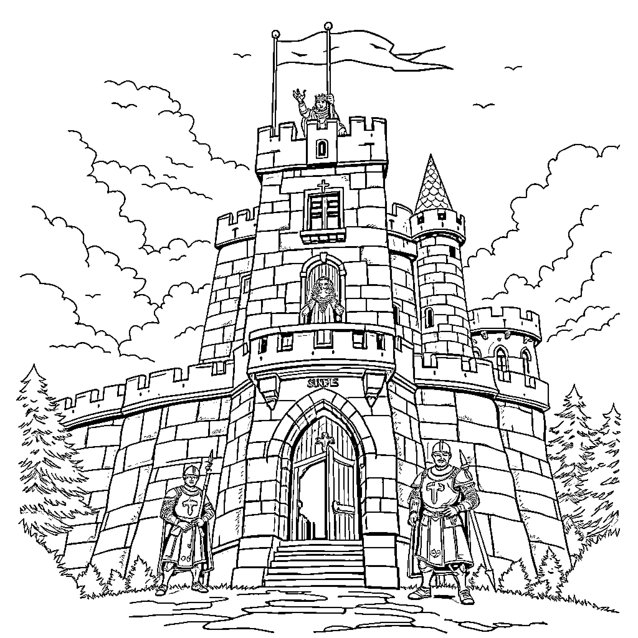 Castle guards stand alert at the fortress entrance Coloring Page (free black-and-white line drawing printable PDF for all, from beginners to advanced learners, including children, teens, adults, and seniors)
