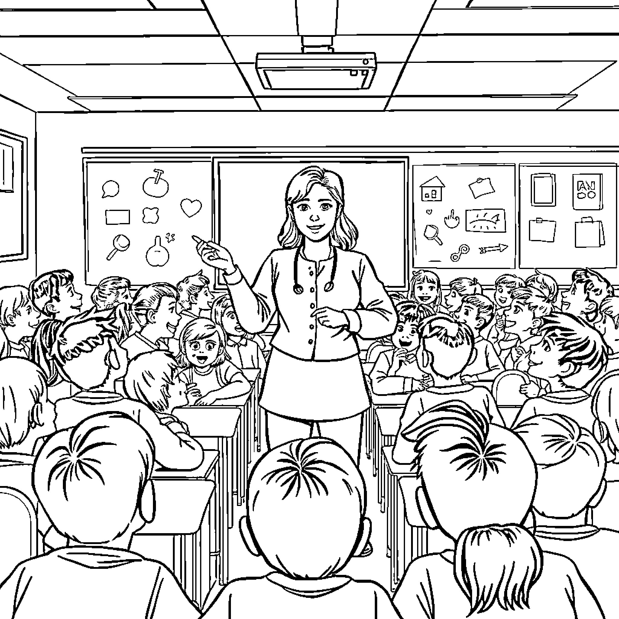 Teacher instructing students in classroom Coloring Page (free black-and-white line drawing printable PDF for all, from beginners to advanced learners, including children, teens, adults, and seniors)