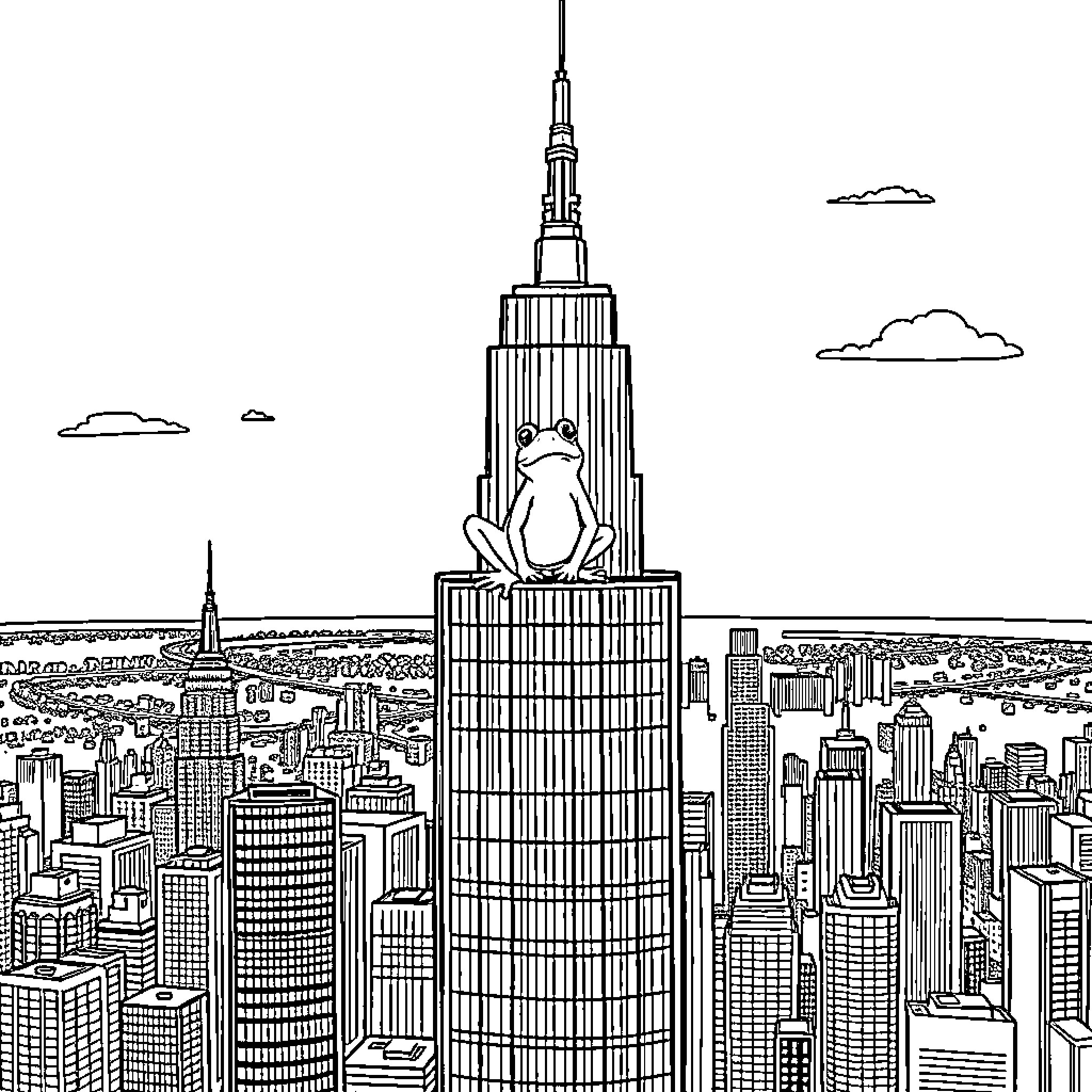 Frog perched atop the Empire State Building Coloring Page (free black-and-white line drawing printable PDF for all, from beginners to advanced learners, including children, teens, adults, and seniors)