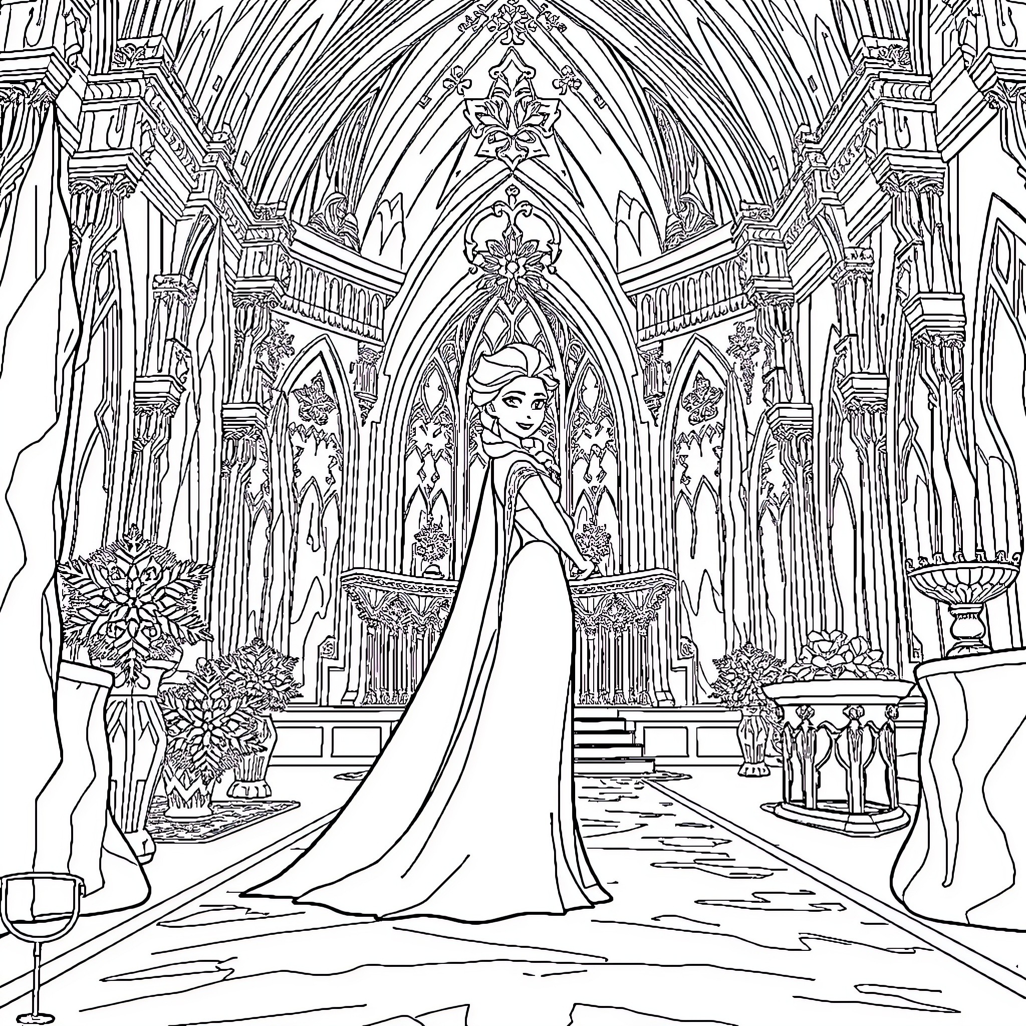 Queen Elsa in a Majestic Castle Interior Coloring Page (free black-and-white line drawing printable PDF for all, from beginners to advanced learners, including children, teens, adults, and seniors)