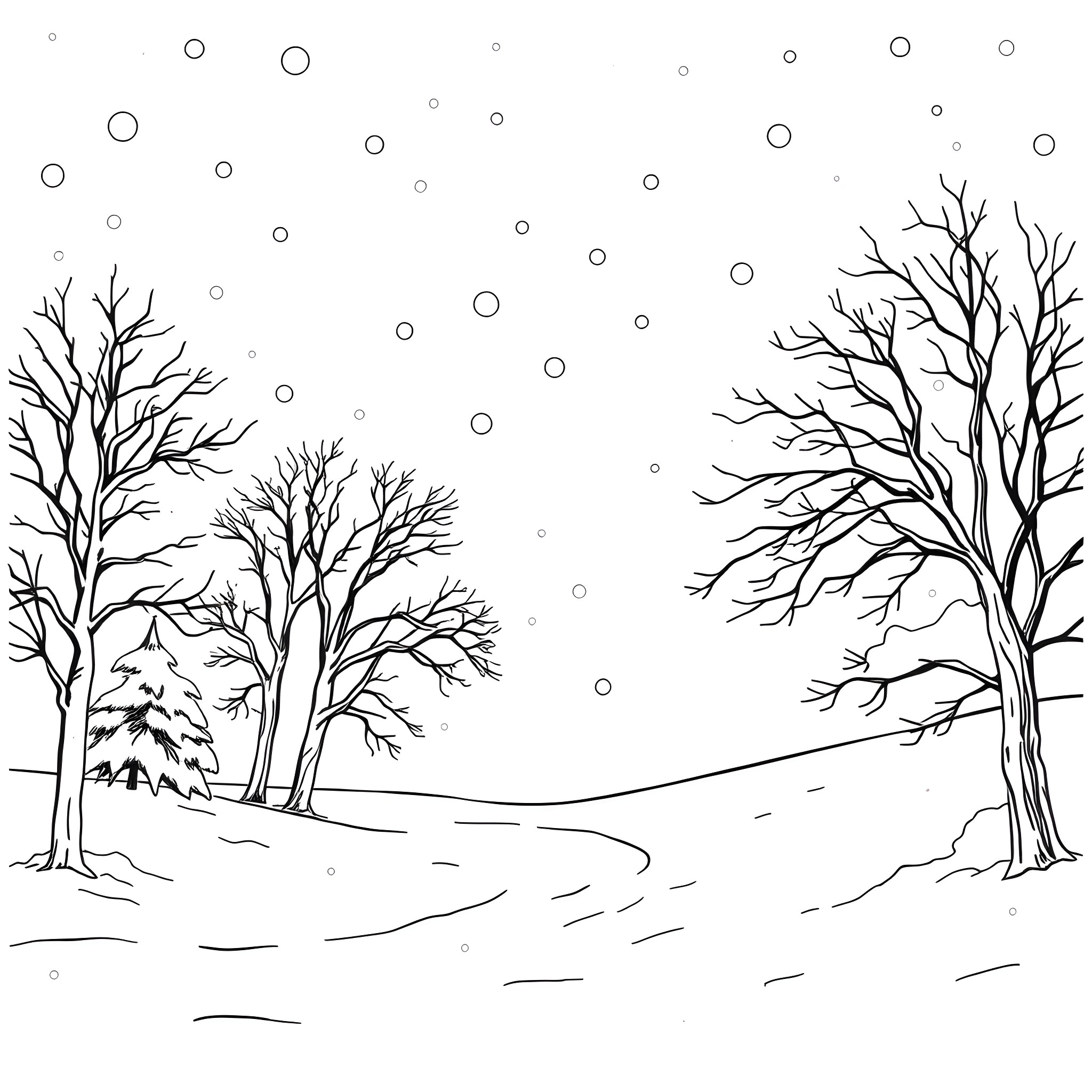 Snowstorm in a winter wonderland Coloring Page (free black-and-white line drawing printable PDF for all, from beginners to advanced learners, including children, teens, adults, and seniors)