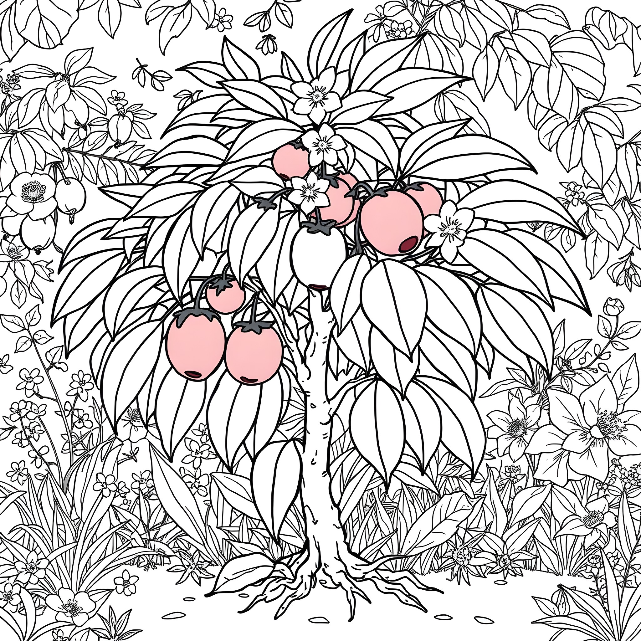 Cempedak: Tropical Fruit Tree in Lush Garden Coloring Page (free black-and-white line drawing printable PDF for all, from beginners to advanced learners, including children, teens, adults, and seniors)