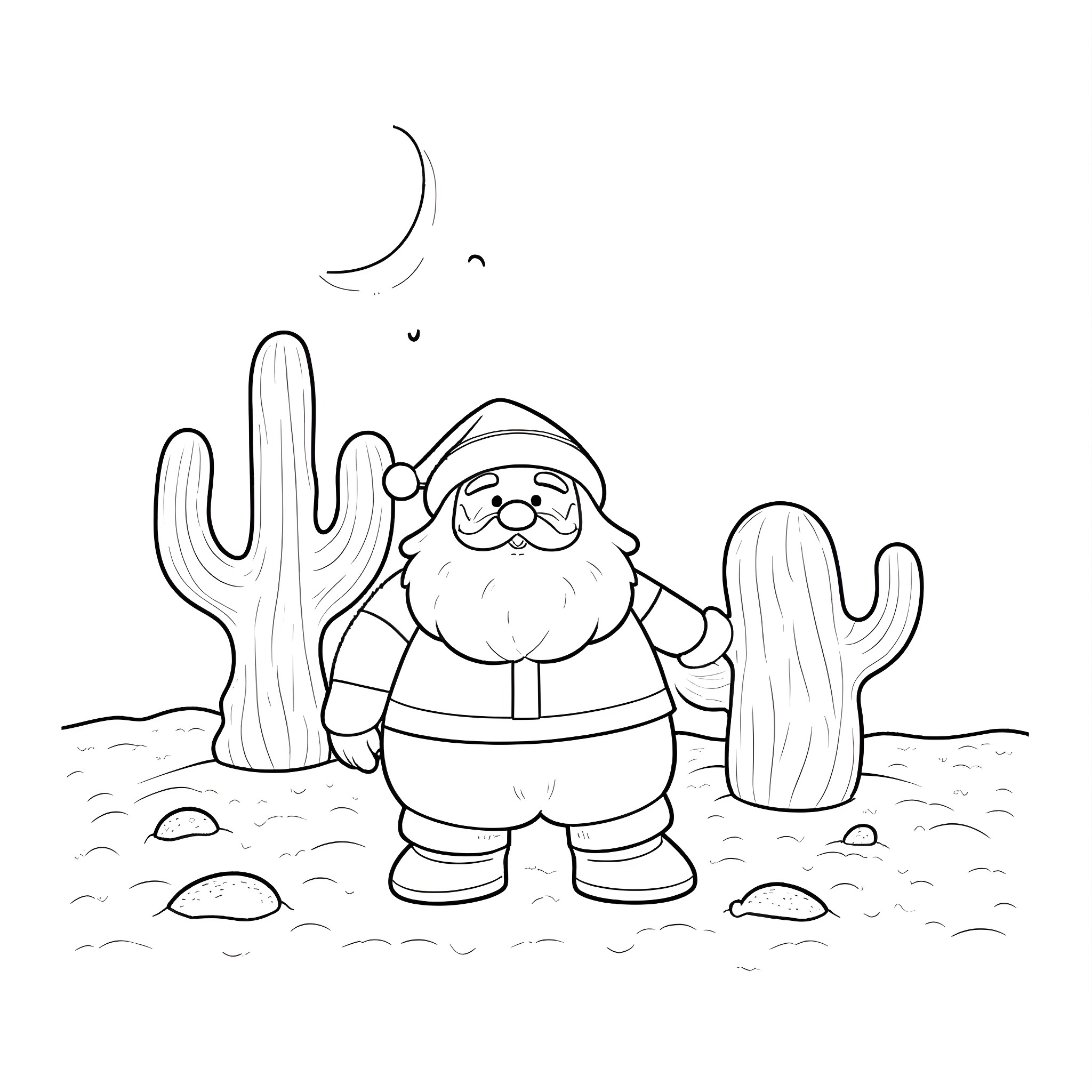 Santa Claus enjoying the desert scenery Coloring Page (free black-and-white line drawing printable PDF for all, from beginners to advanced learners, including children, teens, adults, and seniors)