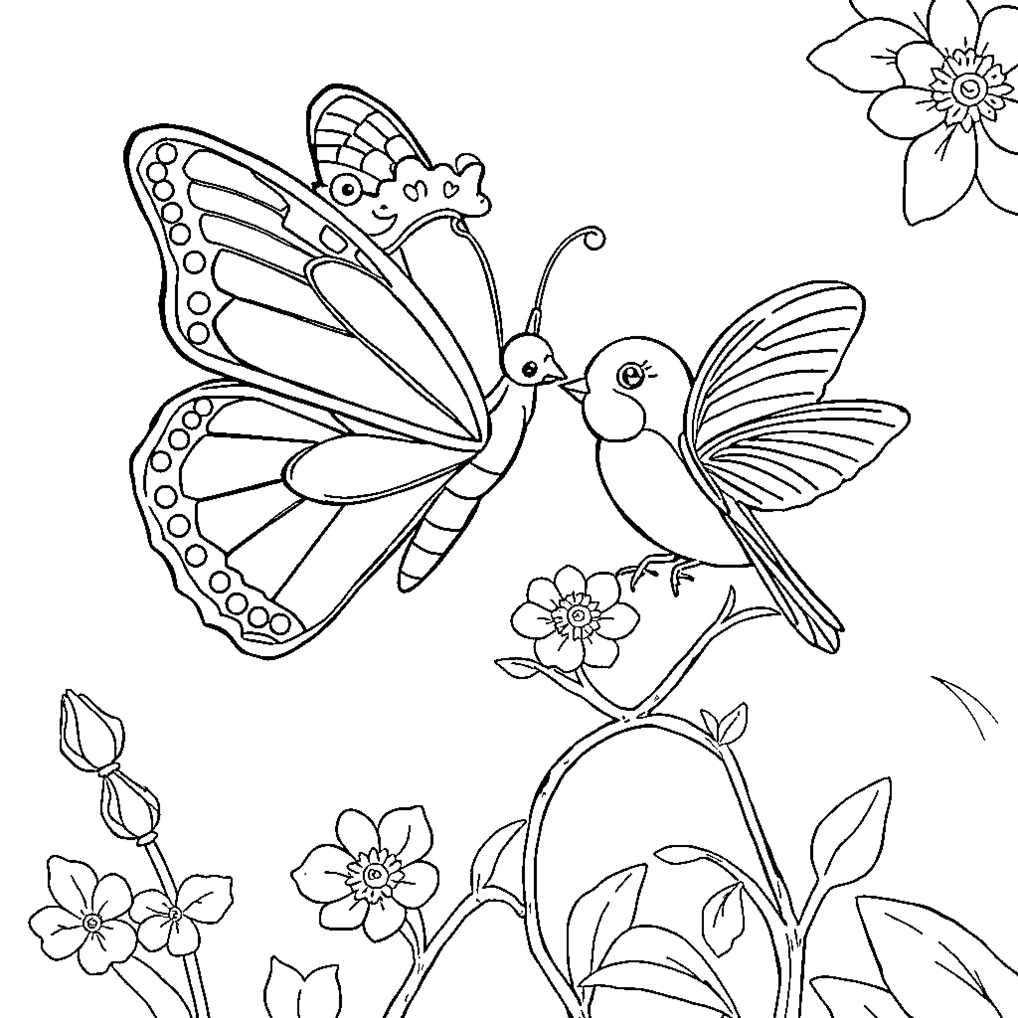 Princess Butterflies Frolicking Amongst Flowers Coloring Page (free black-and-white line drawing printable PDF for all, from beginners to advanced learners, including children, teens, adults, and seniors)