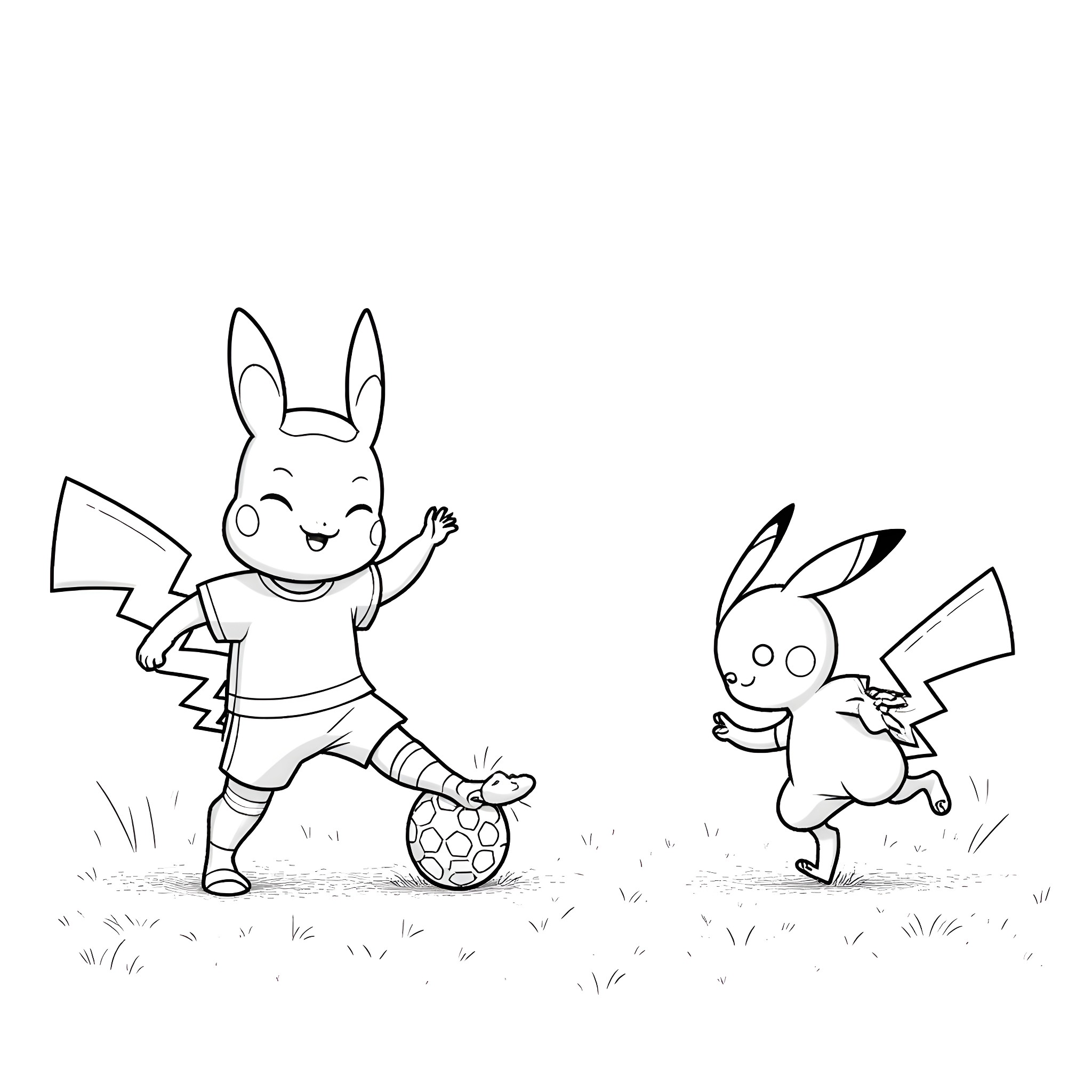 Pokémon characters playing soccer in the field Coloring Page (free black-and-white line drawing printable PDF for all, from beginners to advanced learners, including children, teens, adults, and seniors)