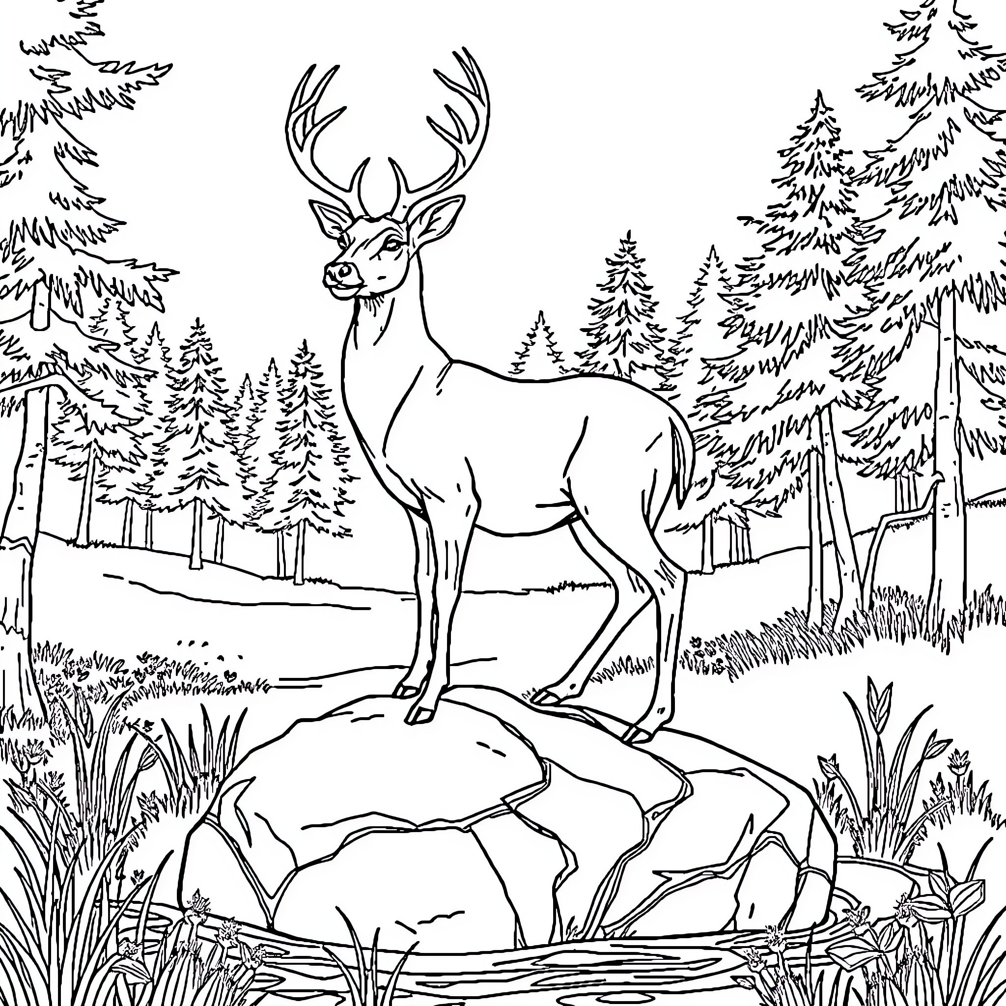 Deer standing proudly in the forest Coloring Page (free black-and-white line drawing printable PDF for all, from beginners to advanced learners, including children, teens, adults, and seniors)