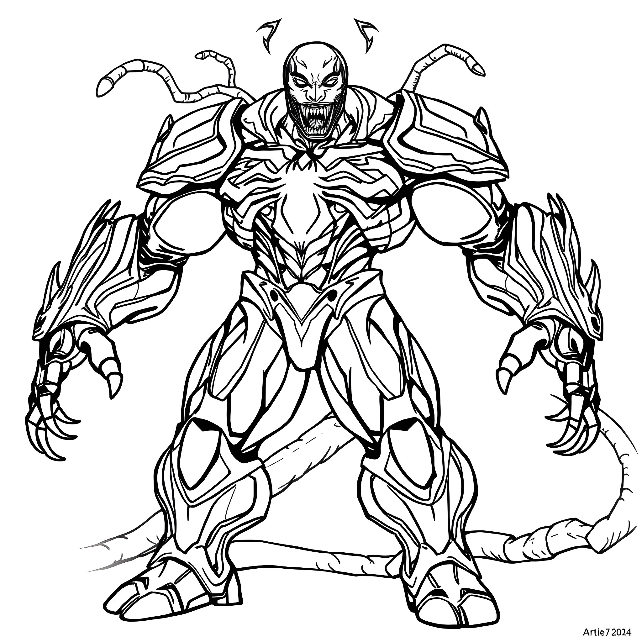 Iron Venom: Menacing Alien Warrior's Deathly Embrace Coloring Page (free black-and-white line drawing printable PDF for all, from beginners to advanced learners, including children, teens, adults, and seniors)
