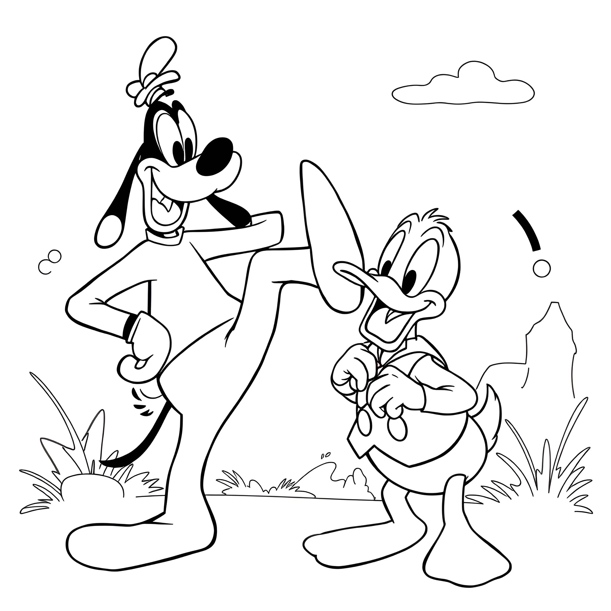 Goofy cartoon characters in playful scene Coloring Page (free black-and-white line drawing printable PDF for all, from beginners to advanced learners, including children, teens, adults, and seniors)