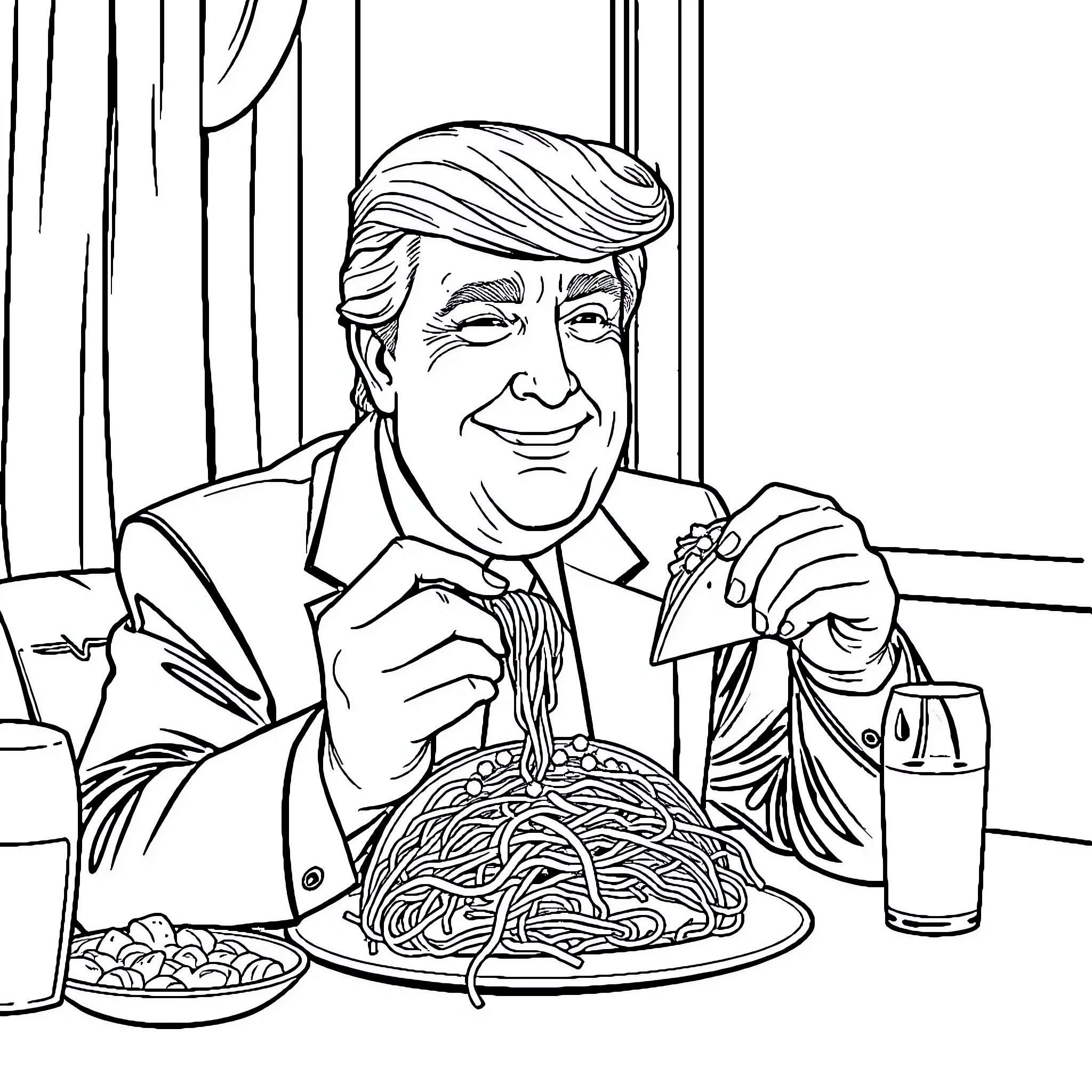 Donald Trump Eating Spaghetti in a Suit Coloring Page (free black-and-white line drawing printable PDF for all, from beginners to advanced learners, including children, teens, adults, and seniors)