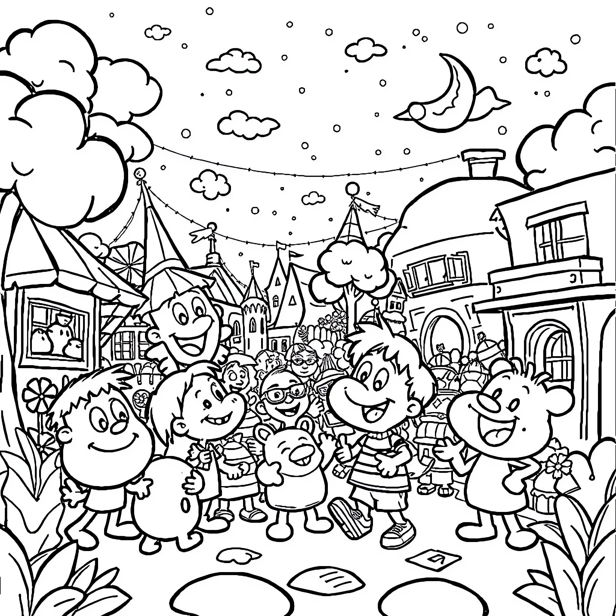 Cartoon characters having fun in a festive town Coloring Page (free black-and-white line drawing printable PDF for all, from beginners to advanced learners, including children, teens, adults, and seniors)