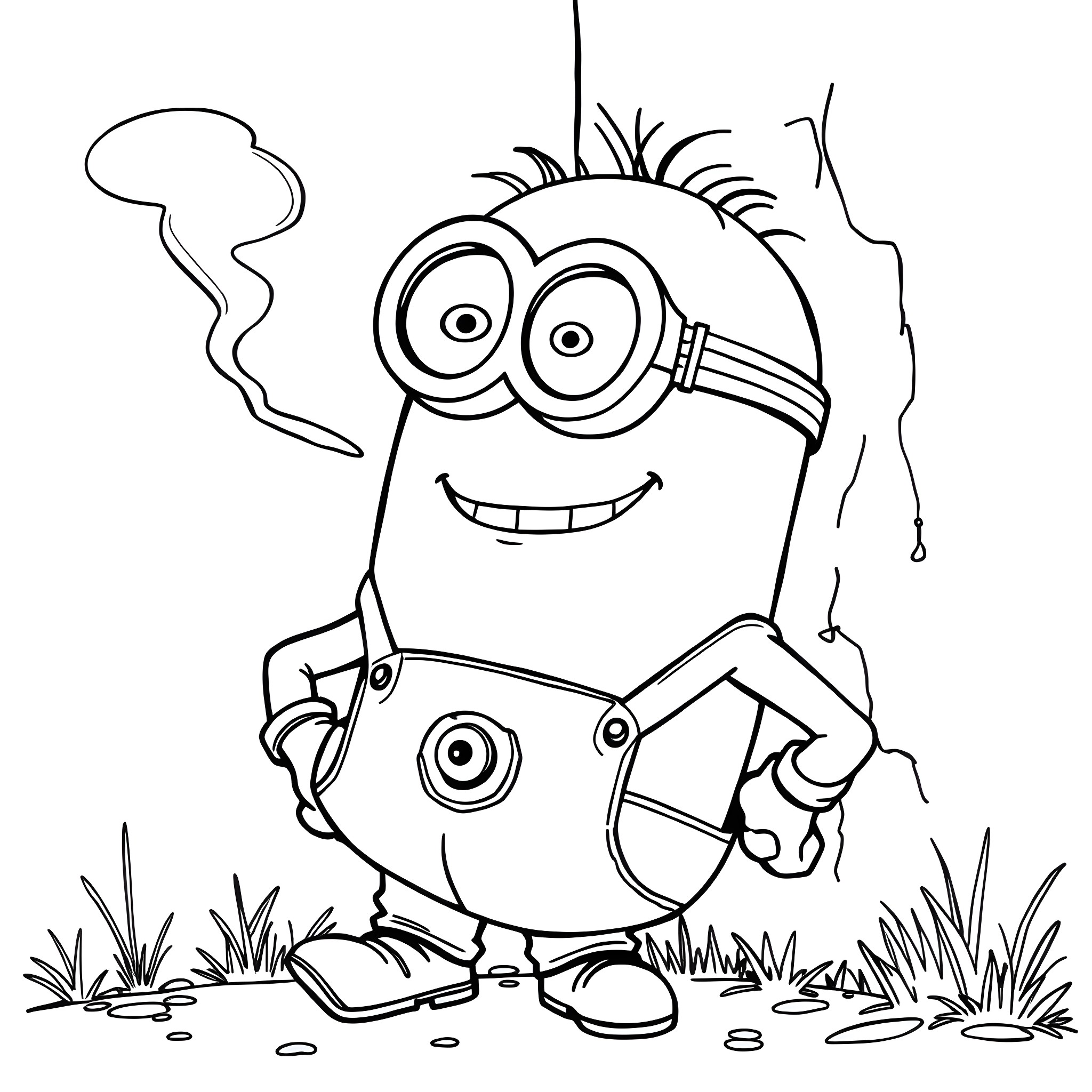 Minion enjoying nature with a big smile Coloring Page (free black-and-white line drawing printable PDF for all, from beginners to advanced learners, including children, teens, adults, and seniors)