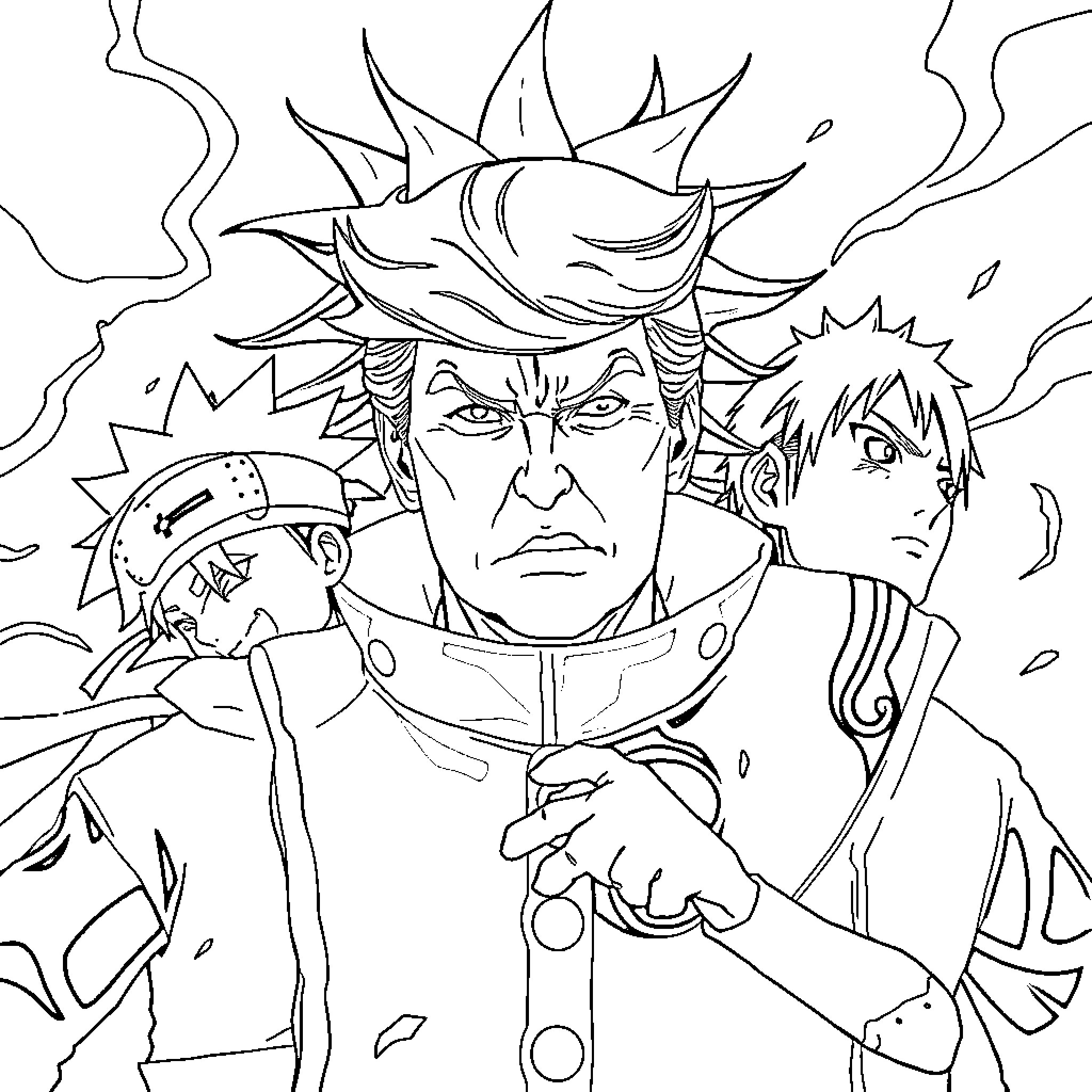 Naruto characters in intense battle scene Coloring Page (free black-and-white line drawing printable PDF for all, from beginners to advanced learners, including children, teens, adults, and seniors)