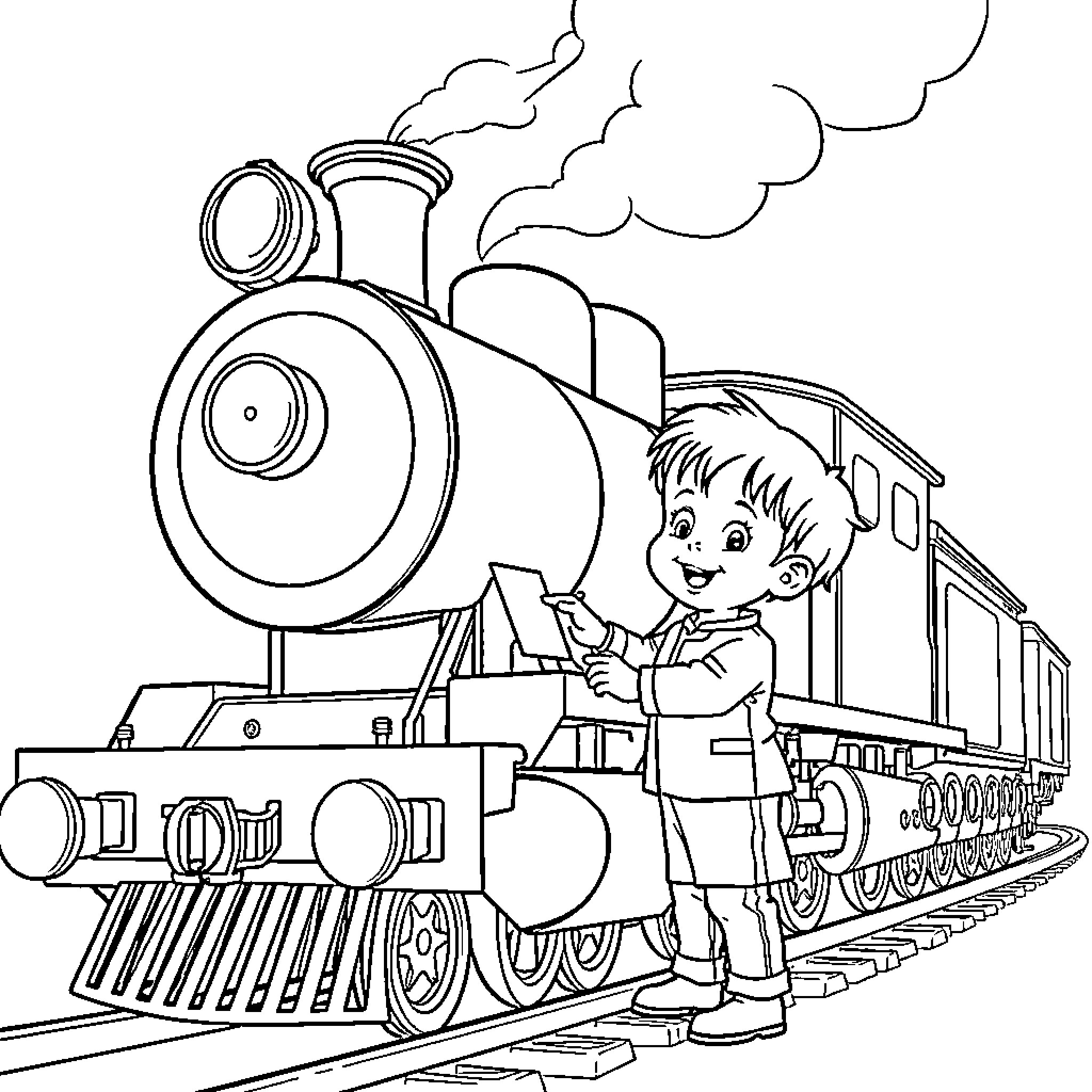 Steam Locomotive Carrying Cheerful Passenger Coloring Page (free black-and-white line drawing printable PDF for all, from beginners to advanced learners, including children, teens, adults, and seniors)