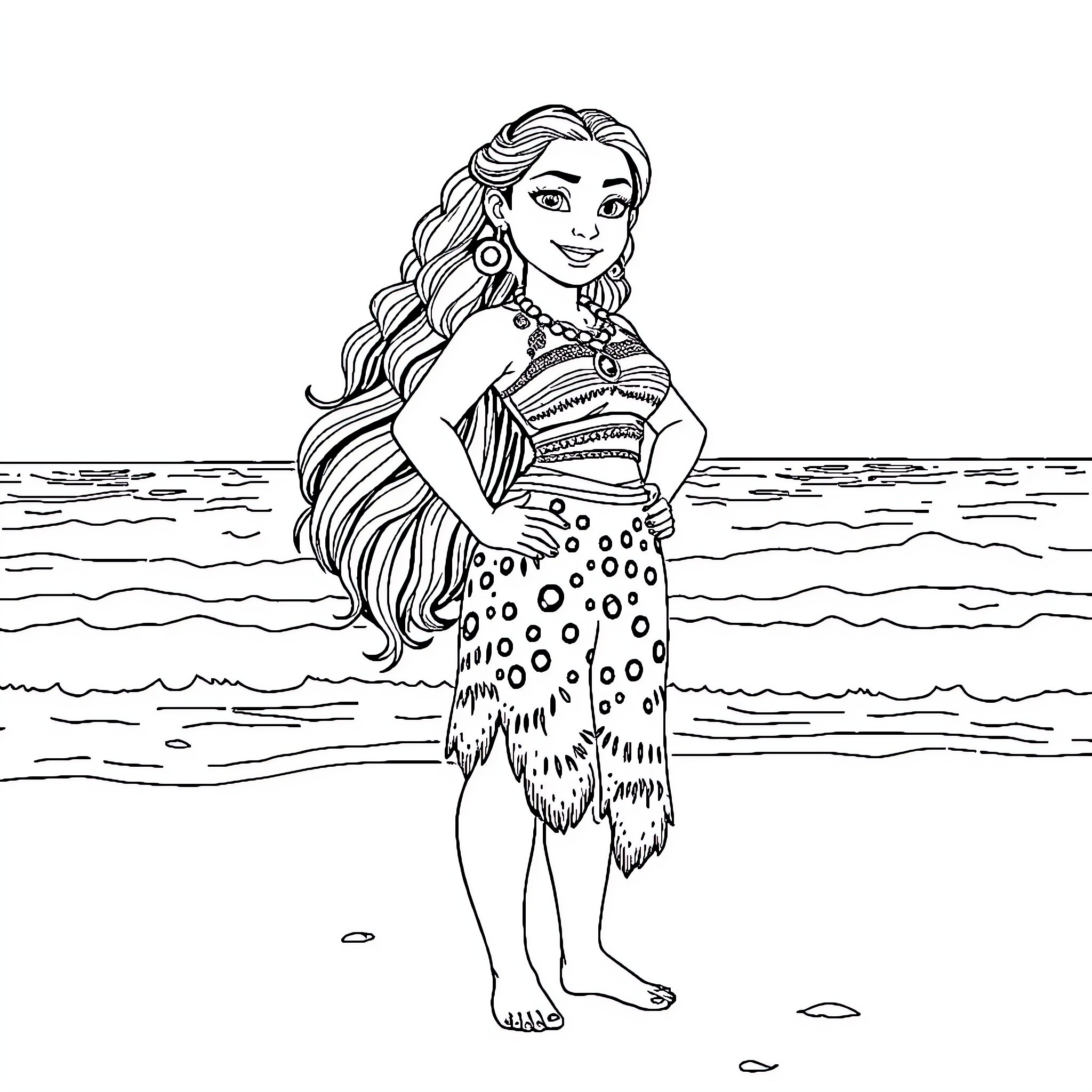 Moana exploring the ocean in traditional attire Coloring Page (free black-and-white line drawing printable PDF for all, from beginners to advanced learners, including children, teens, adults, and seniors)