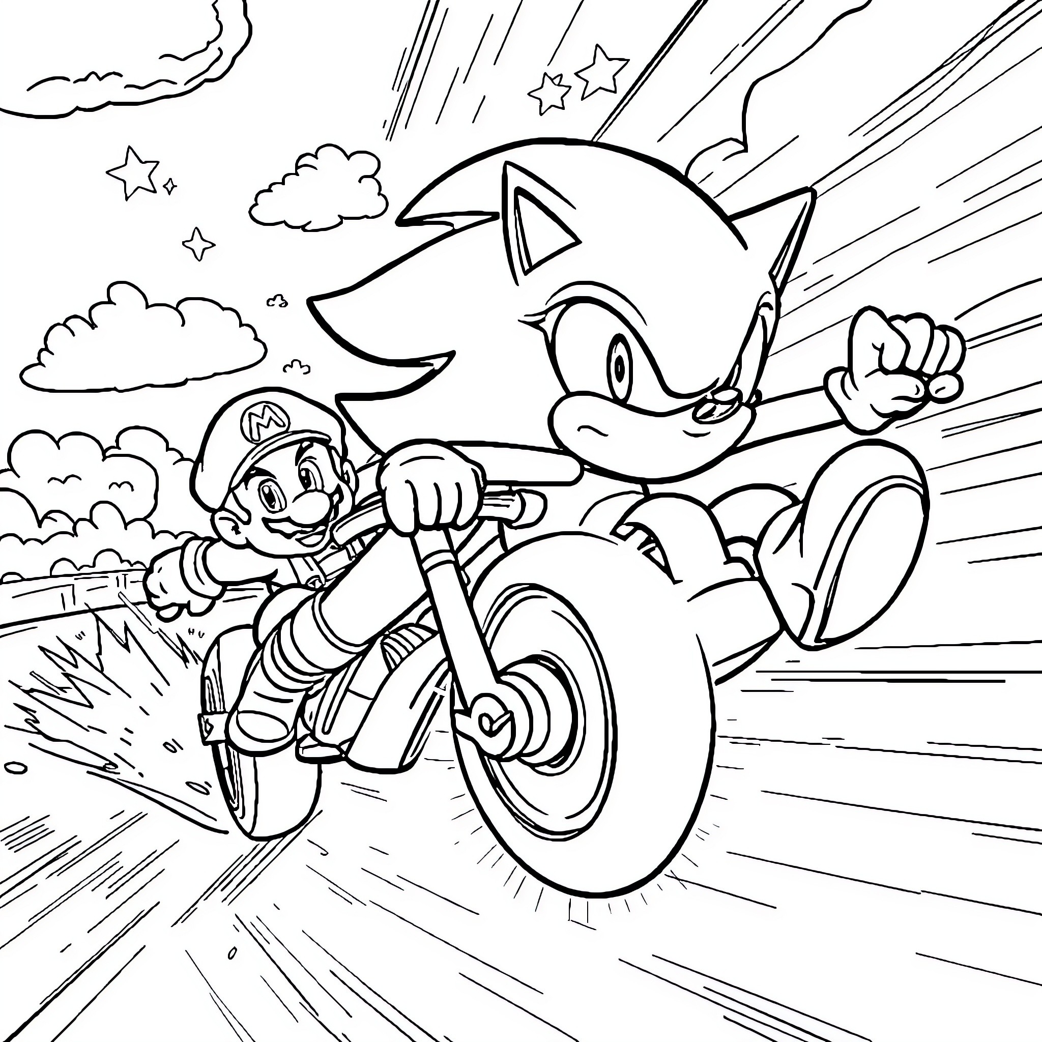 Supersonic Adventure of Heroes on Motorcycles Coloring Page (free black-and-white line drawing printable PDF for all, from beginners to advanced learners, including children, teens, adults, and seniors)