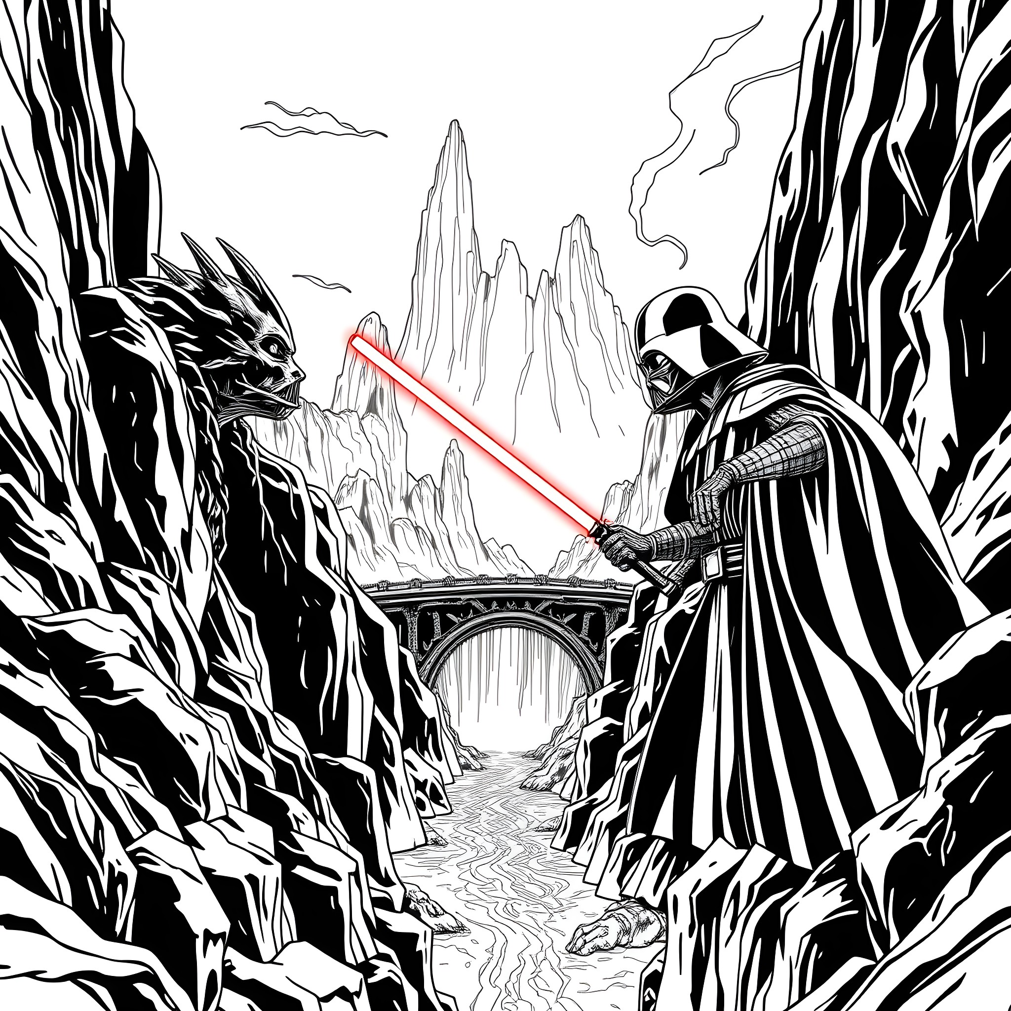 Sauron's Lair: Dark Lord's Confrontation Coloring Page (free black-and-white line drawing printable PDF for all, from beginners to advanced learners, including children, teens, adults, and seniors)