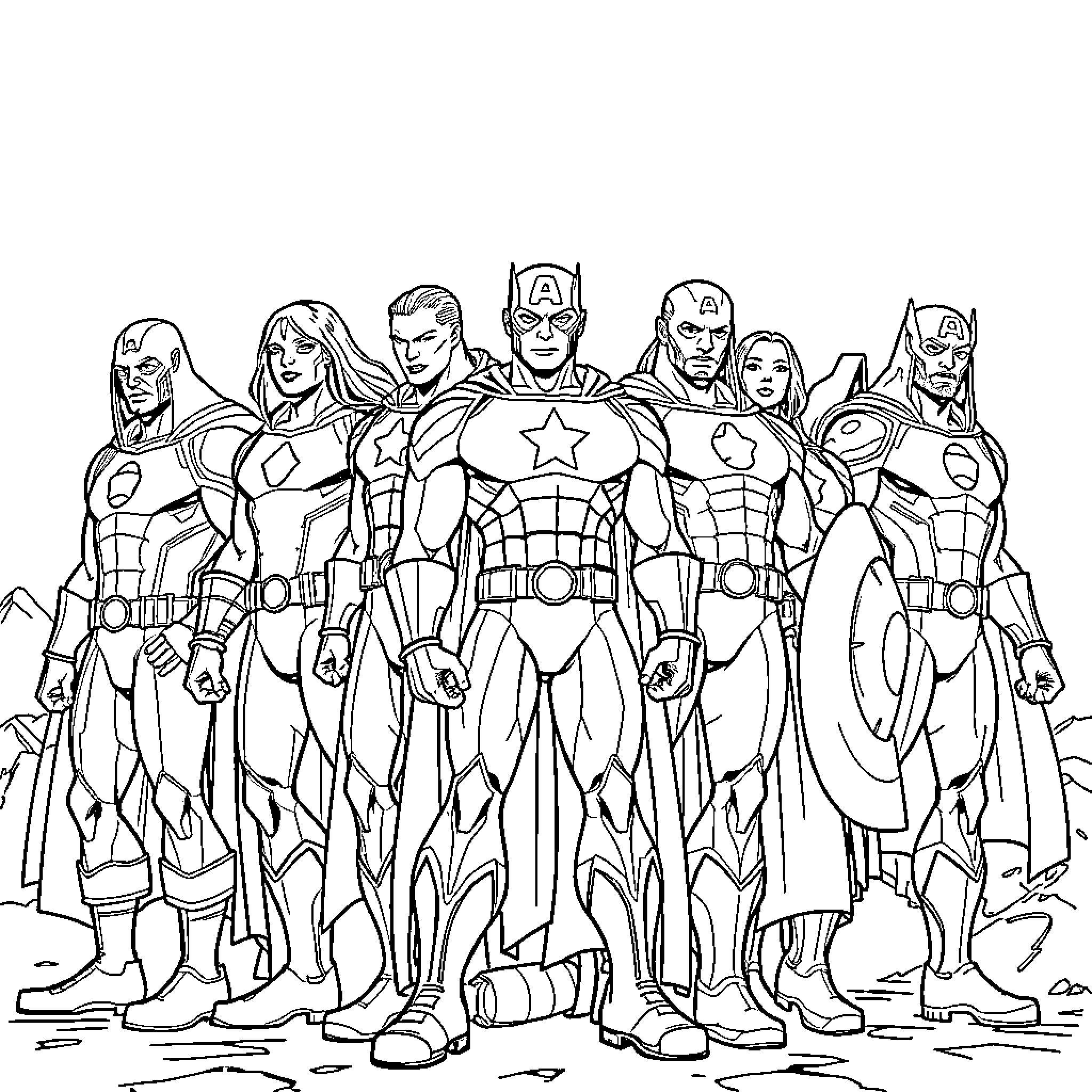 Avengers Assemble: Heroes in Action Coloring Page (free black-and-white line drawing printable PDF for all, from beginners to advanced learners, including children, teens, adults, and seniors)