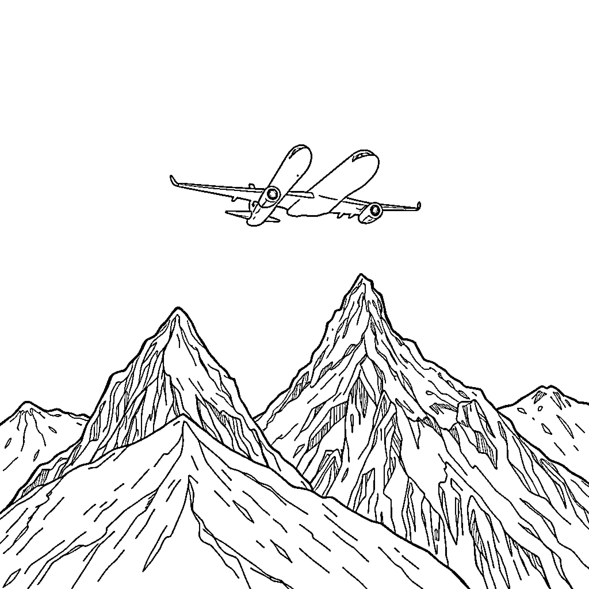 Airplane flying over majestic mountain peaks Coloring Page (free black-and-white line drawing printable PDF for all, from beginners to advanced learners, including children, teens, adults, and seniors)