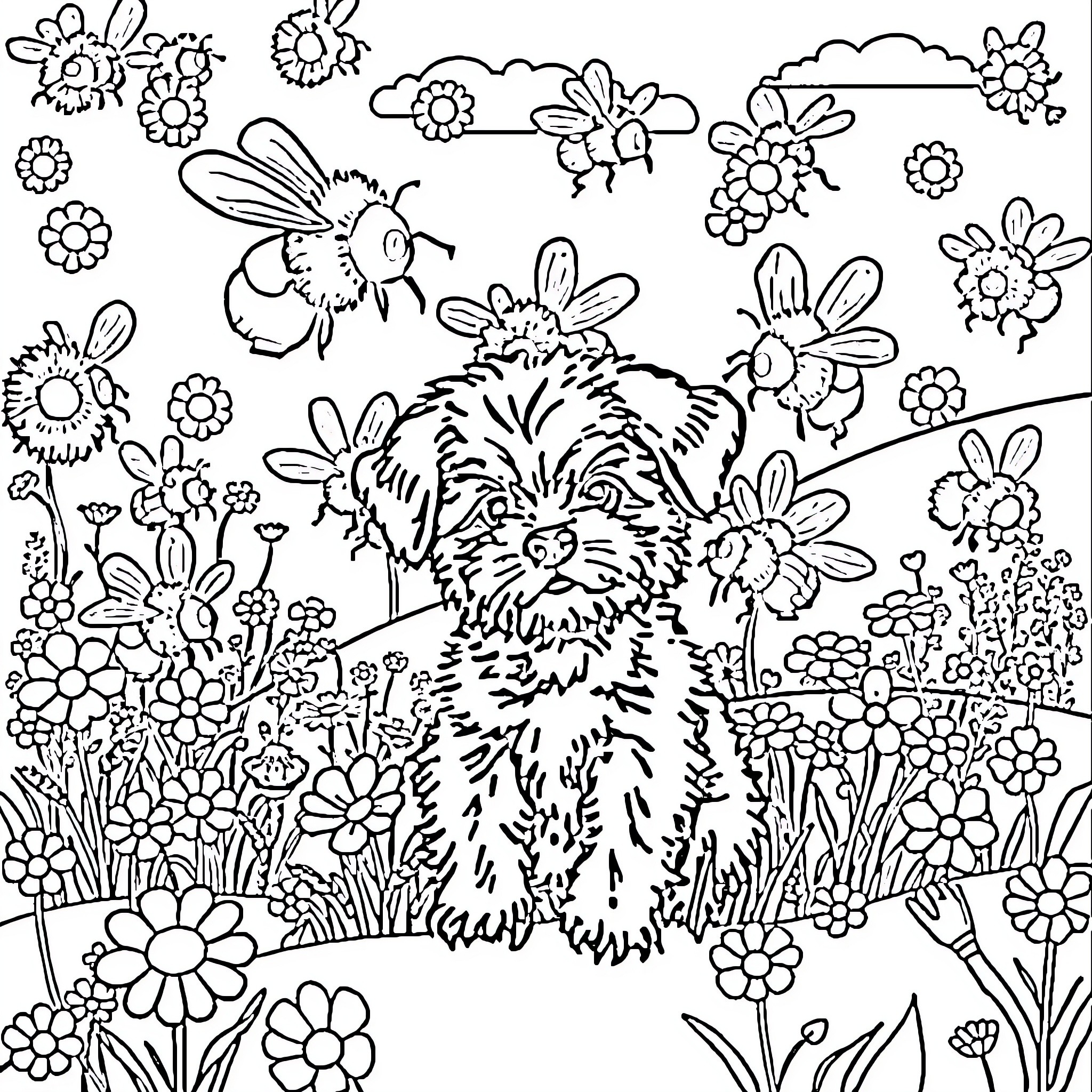 Bumble Bee Enjoying the Vibrant Floral Garden Coloring Page (free black-and-white line drawing printable PDF for all, from beginners to advanced learners, including children, teens, adults, and seniors)