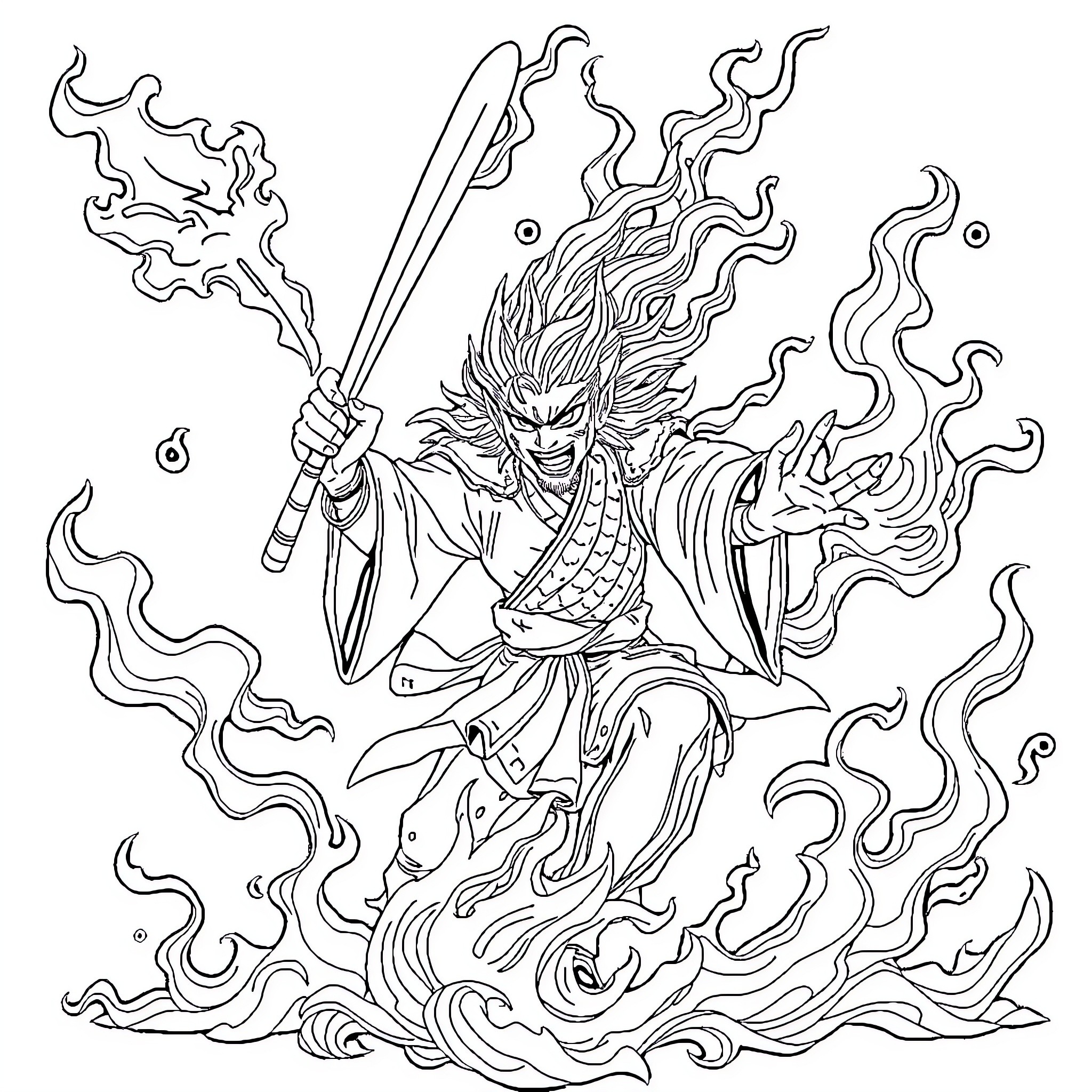 Tanjiro's Fiery Demon Slaying Prowess Coloring Page (free black-and-white line drawing printable PDF for all, from beginners to advanced learners, including children, teens, adults, and seniors)