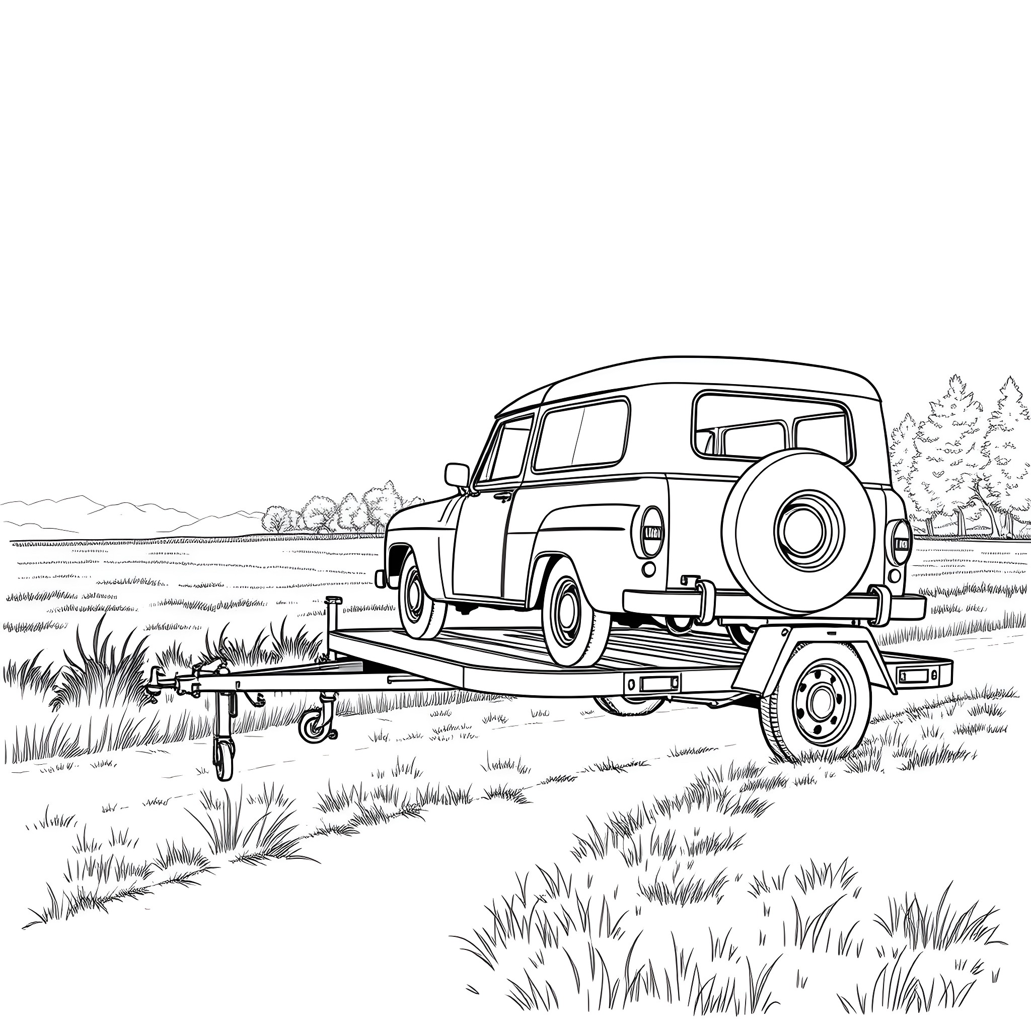Car Trailer towing vintage car in the countryside Coloring Page (free black-and-white line drawing printable PDF for all, from beginners to advanced learners, including children, teens, adults, and seniors)