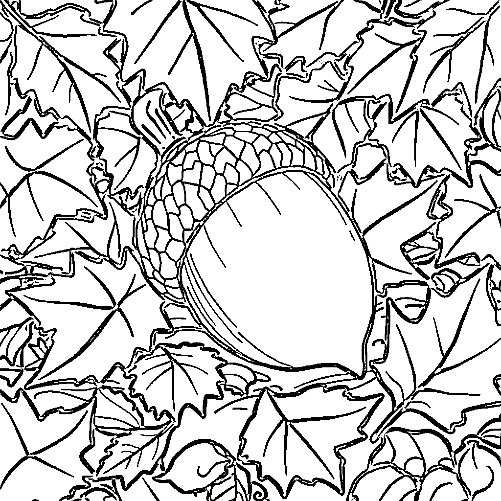 Acorn amidst autumnal foliage Coloring Page (free black-and-white line drawing printable PDF for all, from beginners to advanced learners, including children, teens, adults, and seniors)