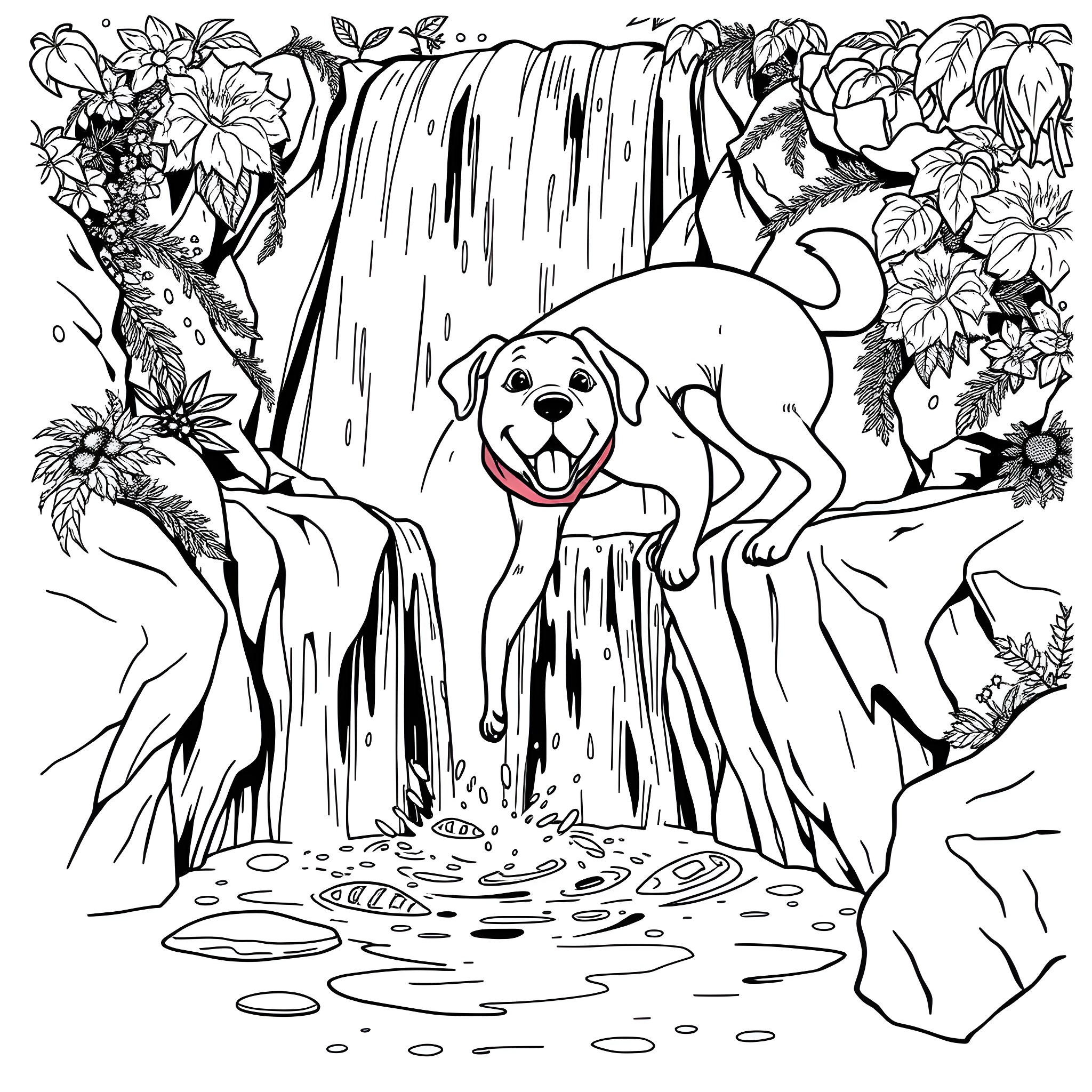 Dog enjoying waterfall in lush jungle Coloring Page (free black-and-white line drawing printable PDF for all, from beginners to advanced learners, including children, teens, adults, and seniors)