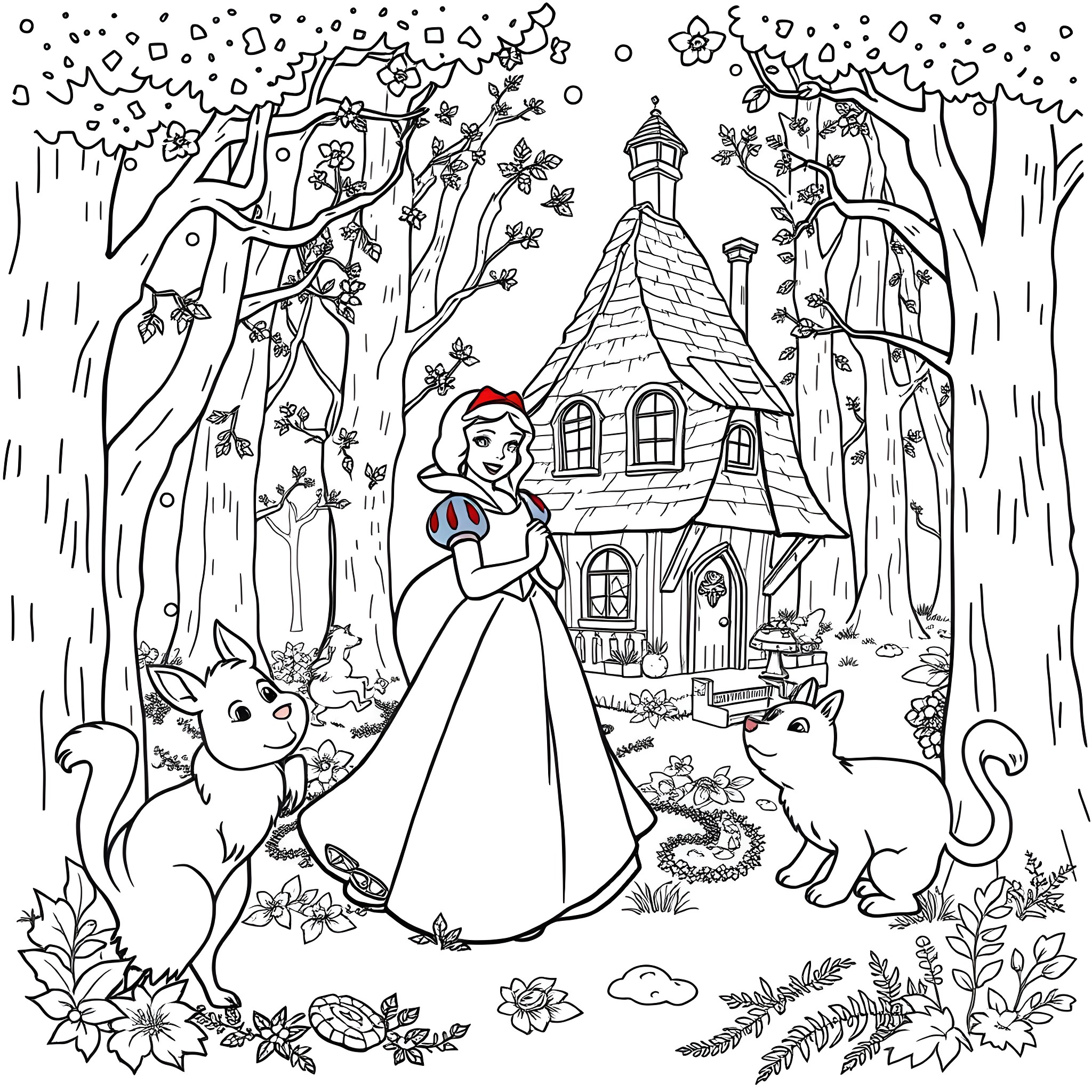 Snow White in a magical forest with animals Coloring Page (free black-and-white line drawing printable PDF for all, from beginners to advanced learners, including children, teens, adults, and seniors)