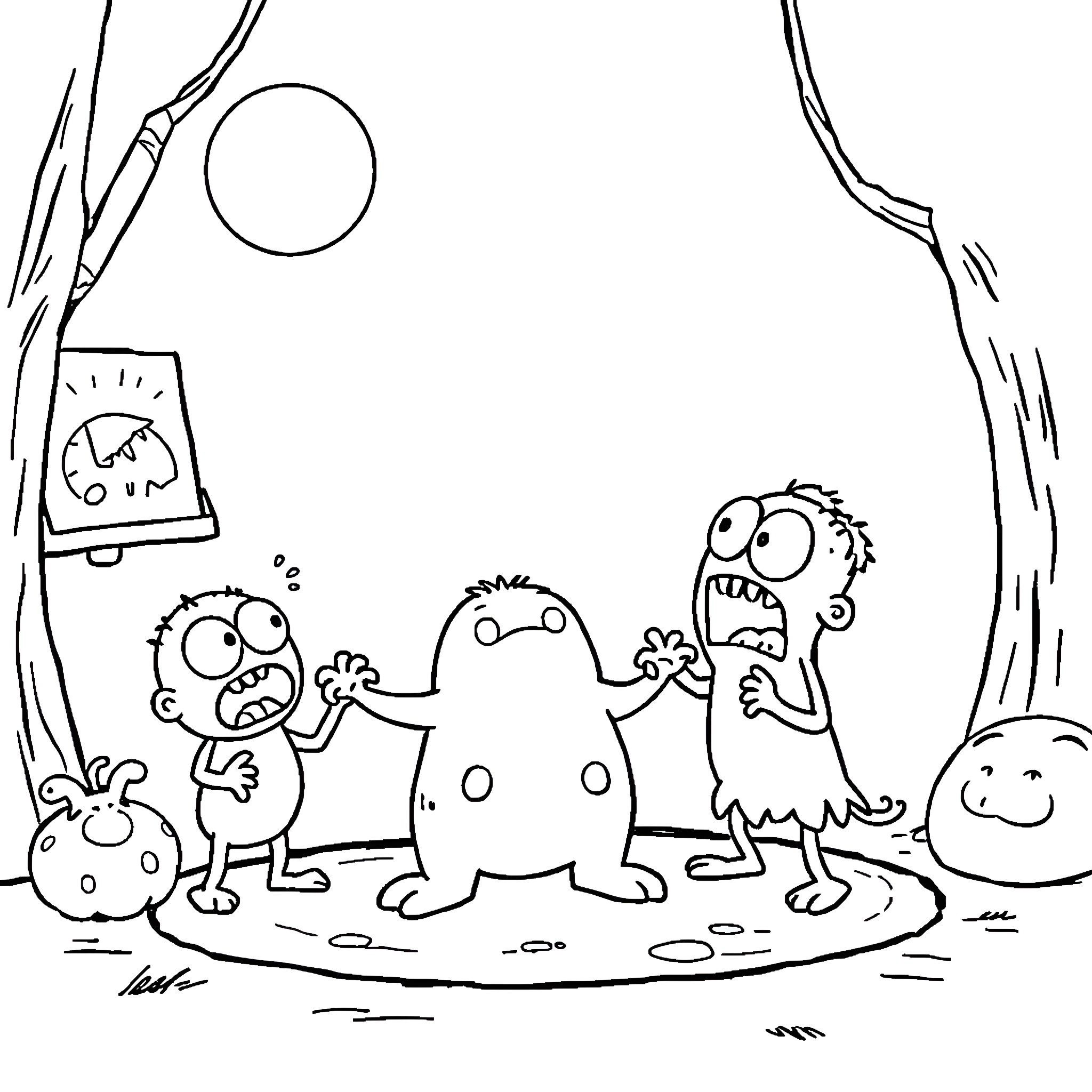 Dont Hug Me I'm Scared: Frightened Creatures in the Darkness Coloring Page (free black-and-white line drawing printable PDF for all, from beginners to advanced learners, including children, teens, adults, and seniors)