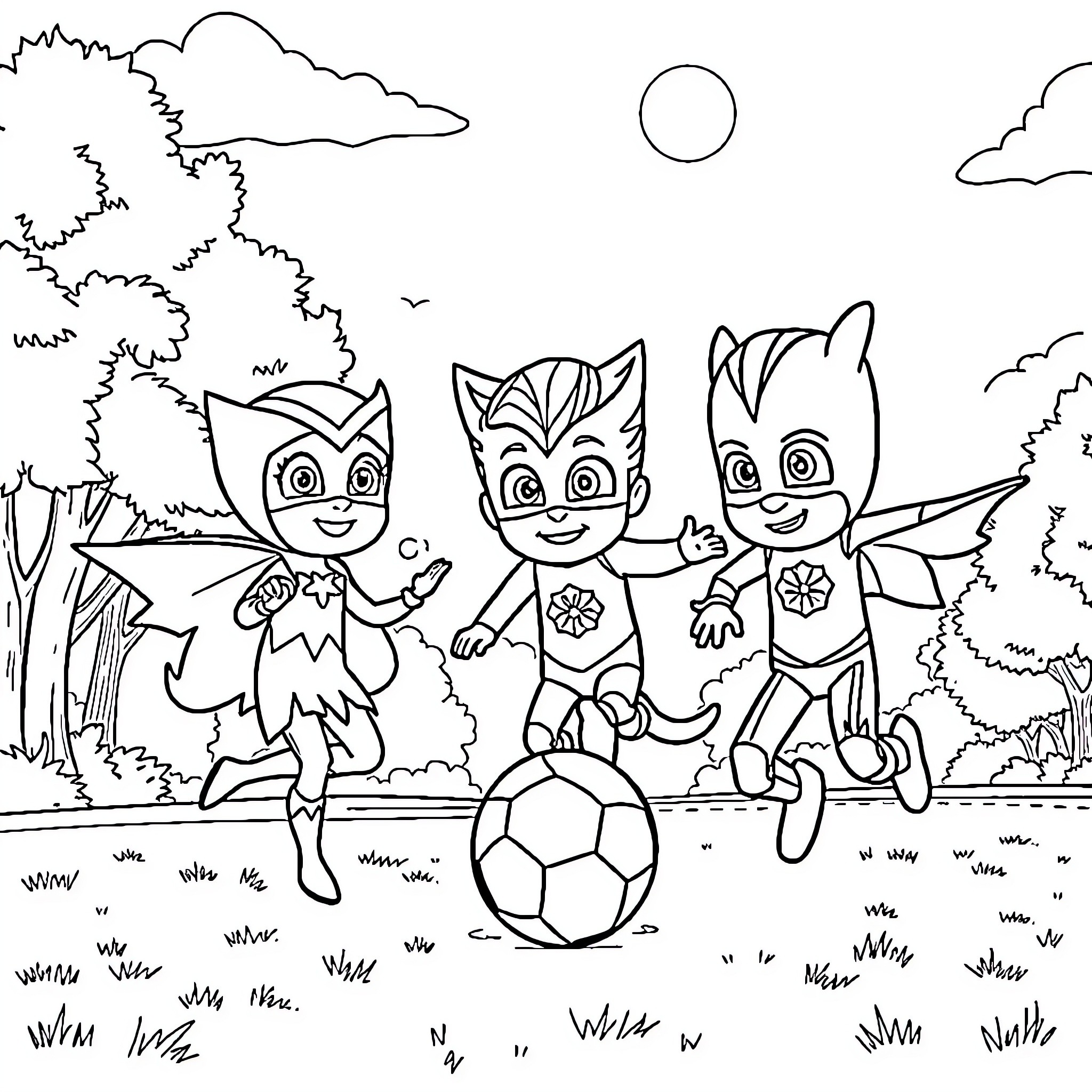 Pj Masks characters playing with soccer ball in nature Coloring Page (free black-and-white line drawing printable PDF for all, from beginners to advanced learners, including children, teens, adults, and seniors)