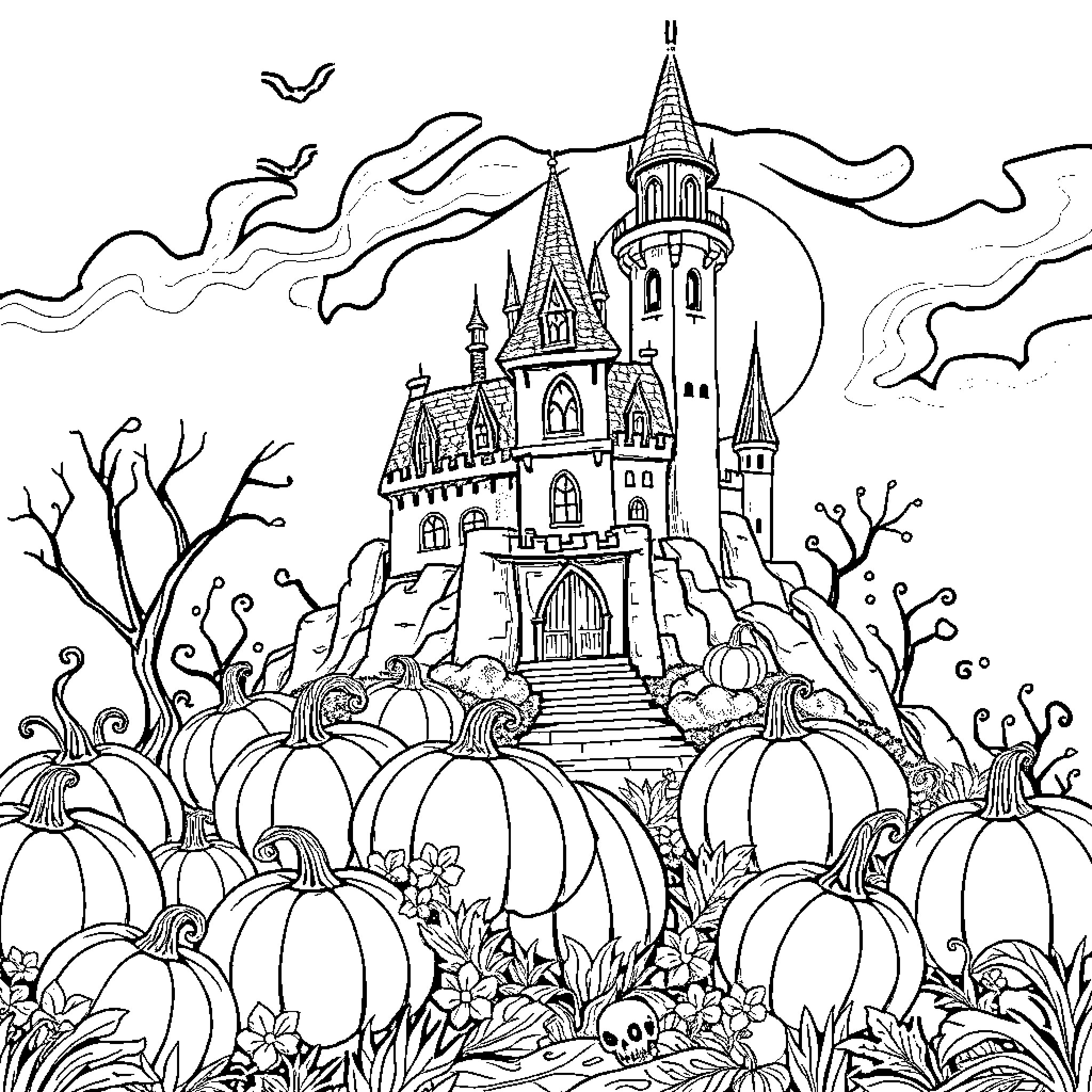 Castle of Autumn Pumpkin Harvest Coloring Page (free black-and-white line drawing printable PDF for all, from beginners to advanced learners, including children, teens, adults, and seniors)