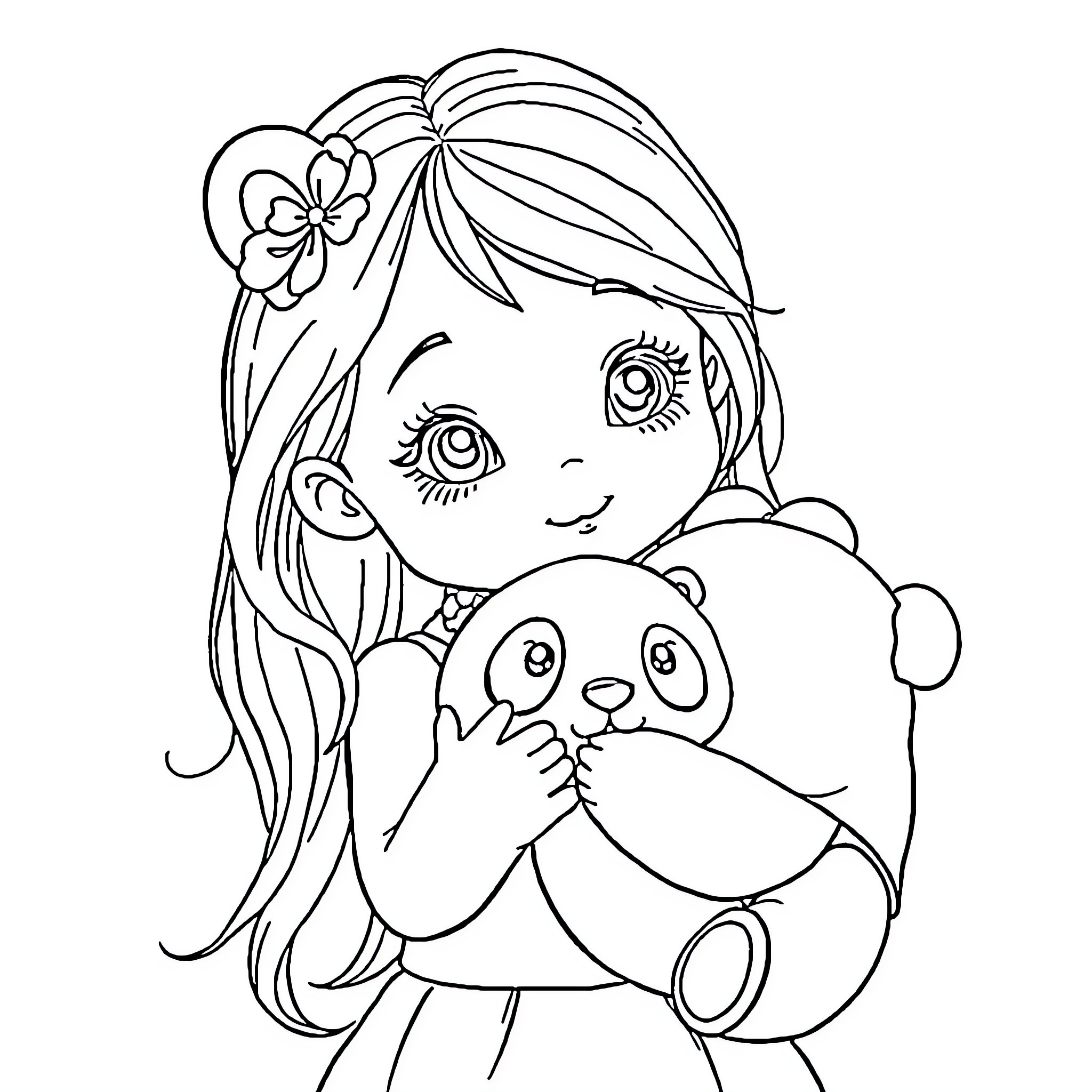 Fille hugging a cute plush panda Coloring Page (free black-and-white line drawing printable PDF for all, from beginners to advanced learners, including children, teens, adults, and seniors)