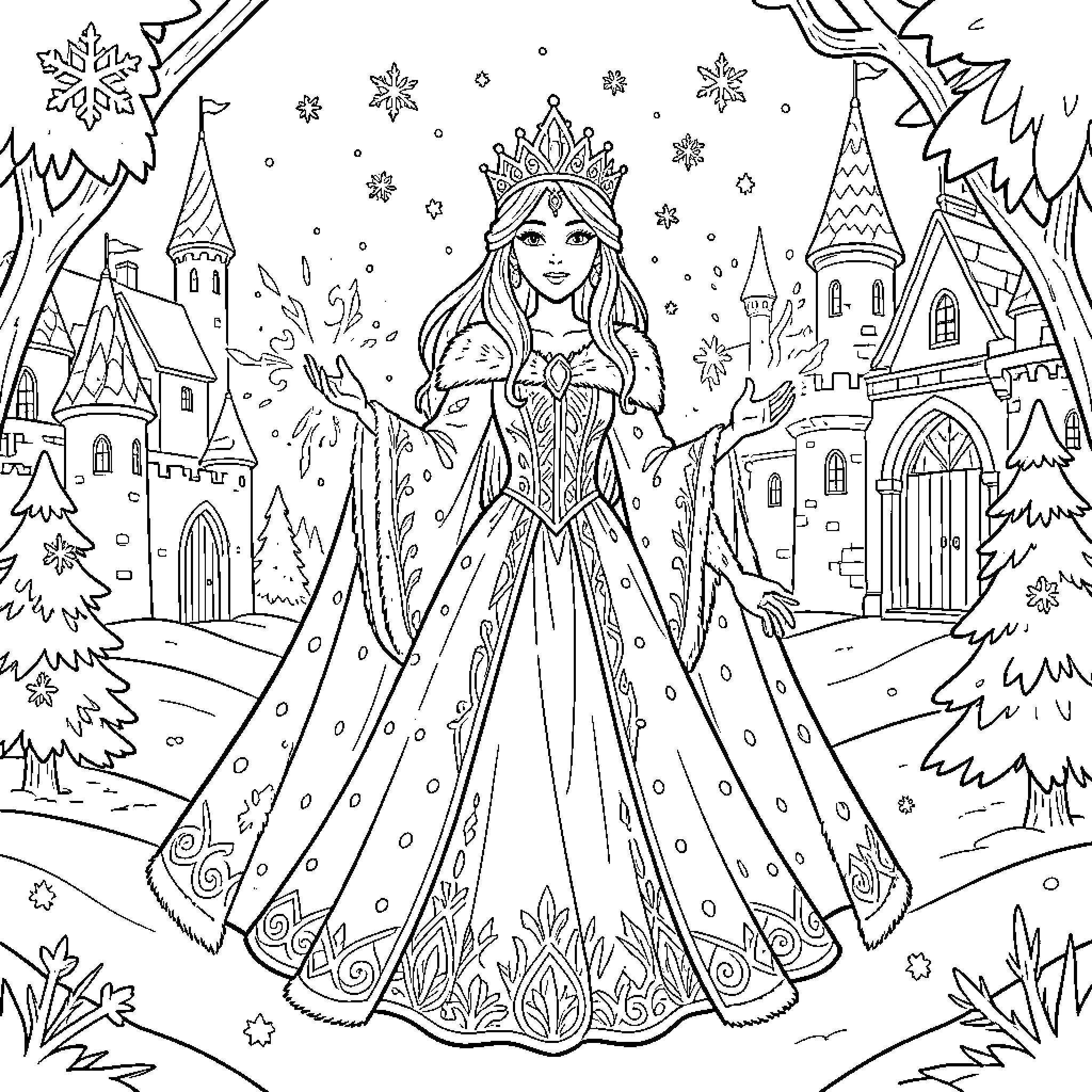 Snow Queen wearing a crown and elegant gown Coloring Page (free black-and-white line drawing printable PDF for all, from beginners to advanced learners, including children, teens, adults, and seniors)