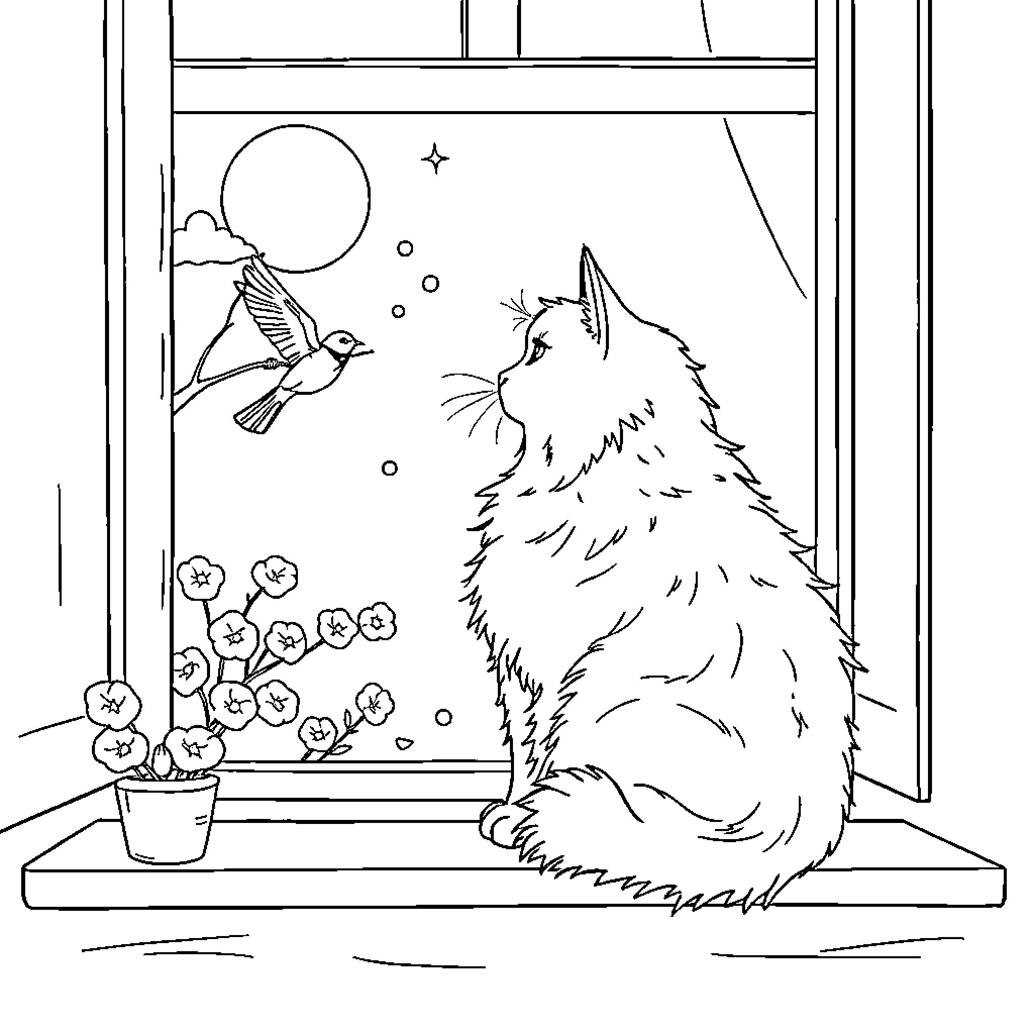 Cat Gazing at Bird through Window Coloring Page (free black-and-white line drawing printable PDF for all, from beginners to advanced learners, including children, teens, adults, and seniors)