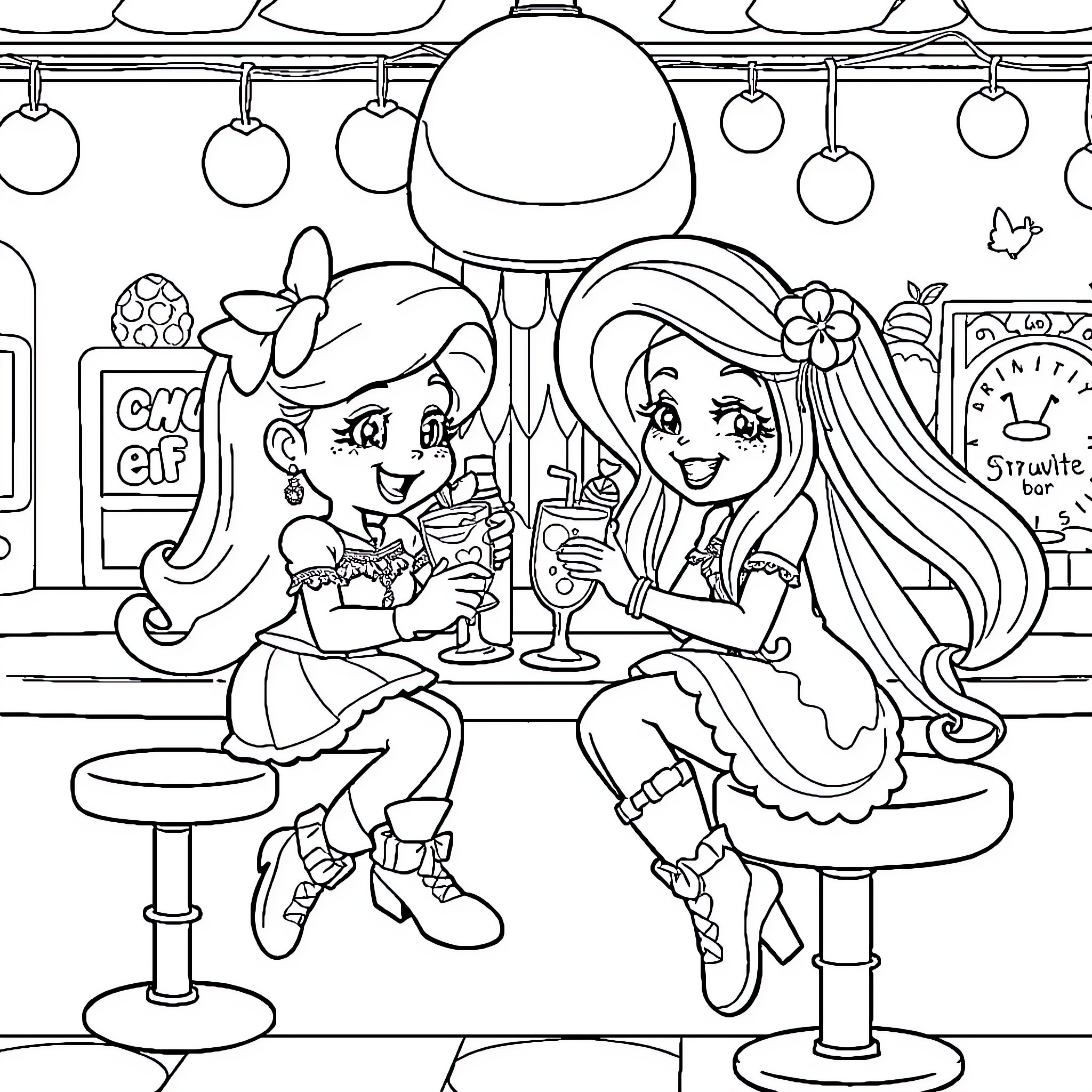 Strawberry Shortcake Enjoying Treats with Friends Coloring Page (free black-and-white line drawing printable PDF for all, from beginners to advanced learners, including children, teens, adults, and seniors)