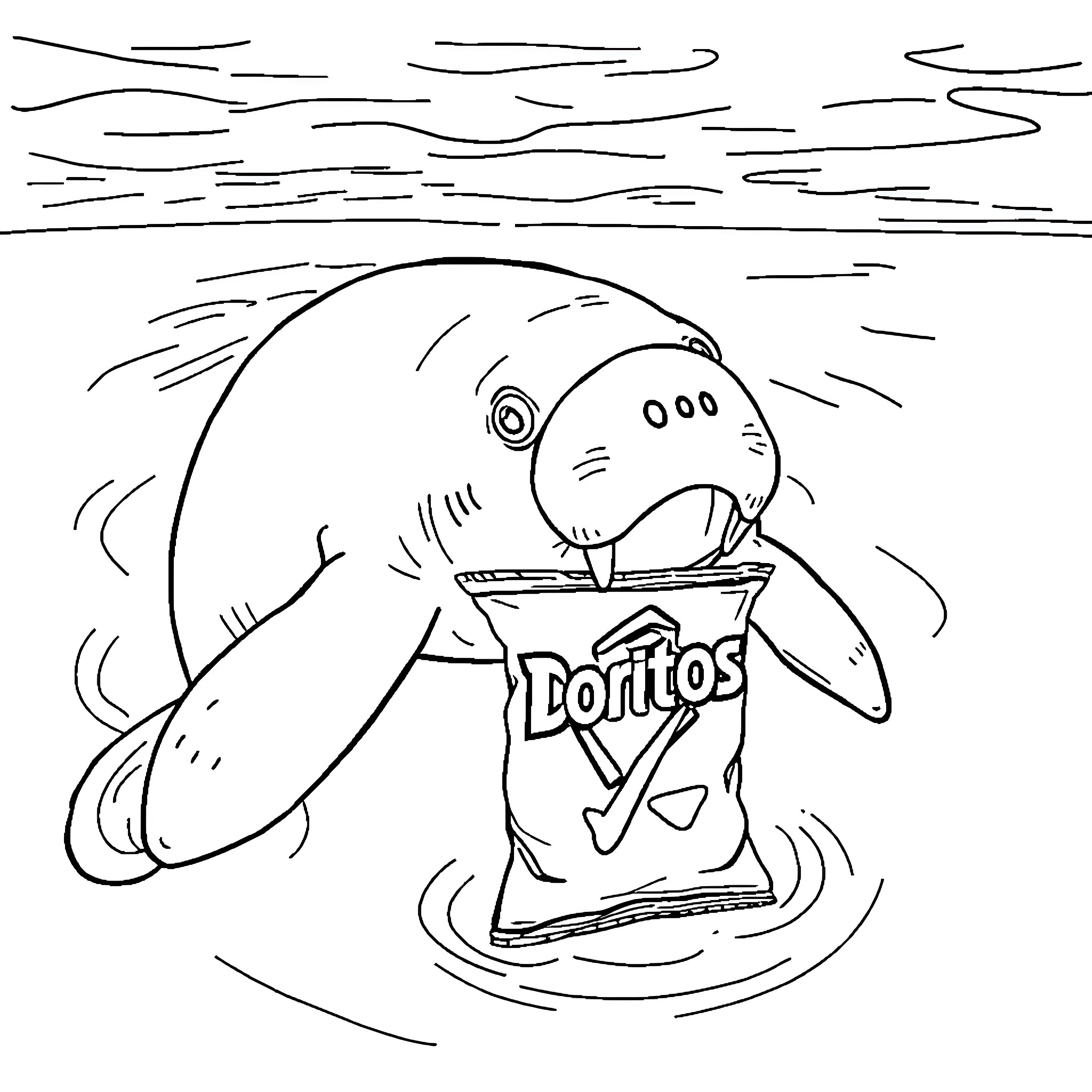 Manatee enjoying a Doritos snack in the ocean Coloring Page (free black-and-white line drawing printable PDF for all, from beginners to advanced learners, including children, teens, adults, and seniors)