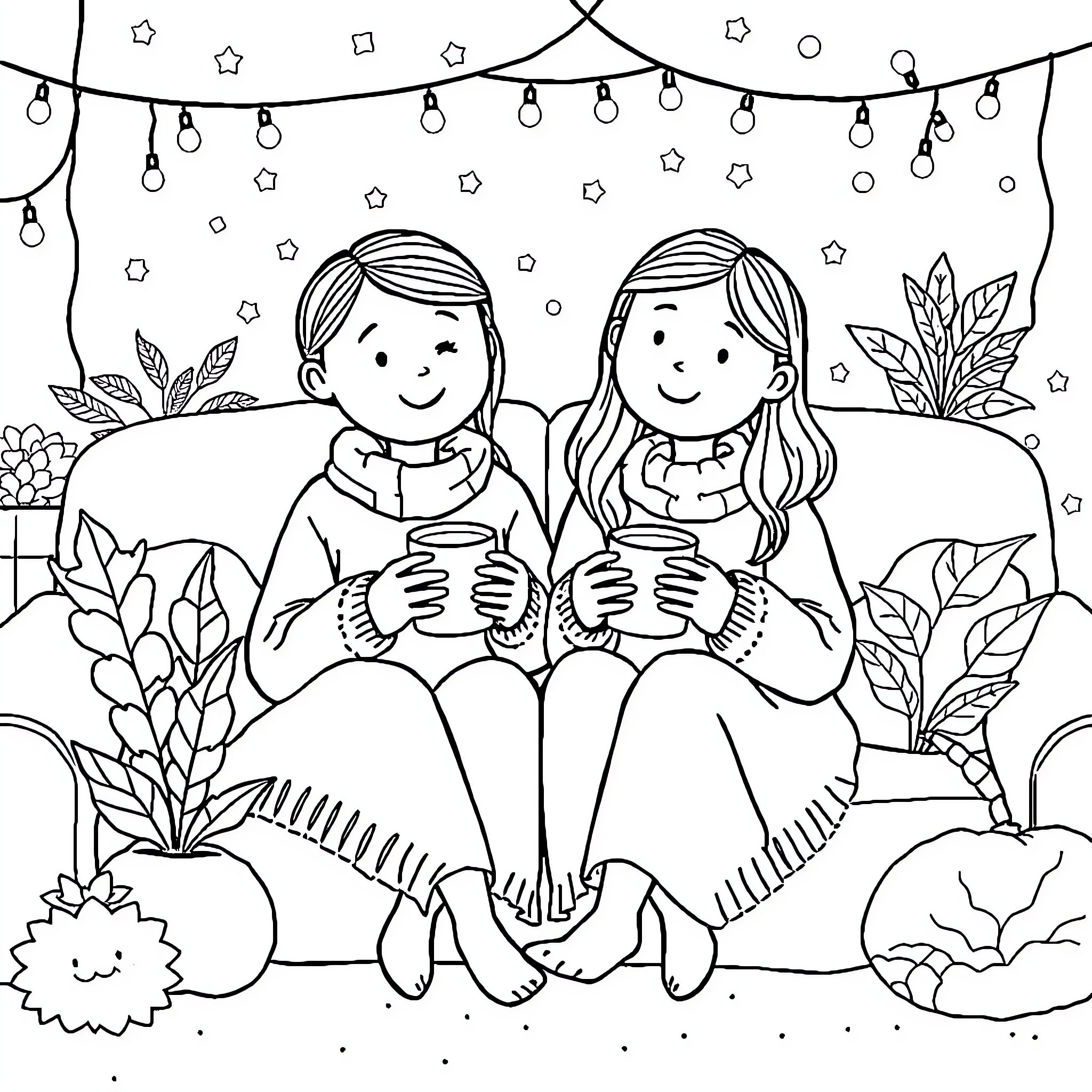 Friend's Cozy Chat by Fairy Lights Coloring Page (free black-and-white line drawing printable PDF for all, from beginners to advanced learners, including children, teens, adults, and seniors)