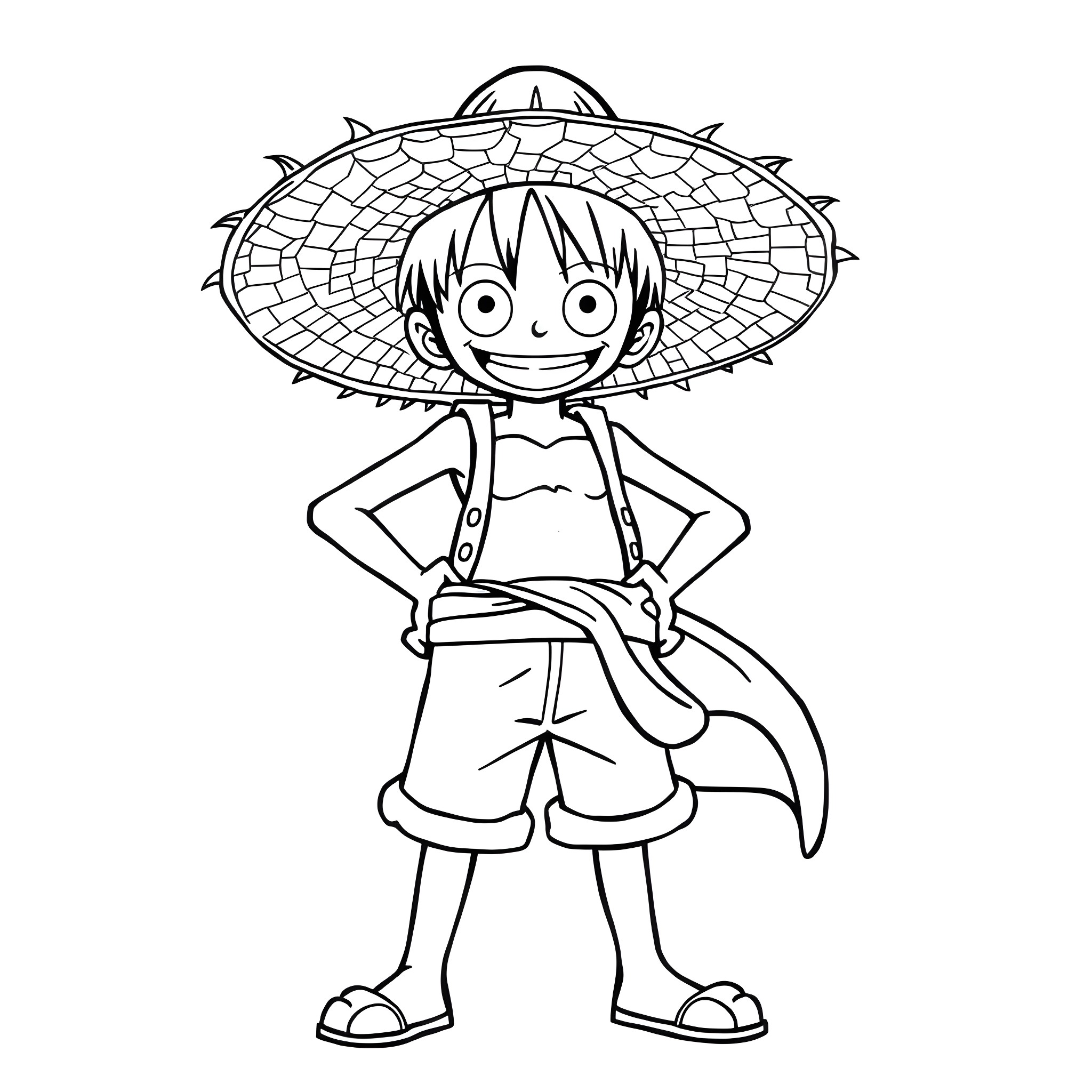 One Piece Character in Straw Hat Cheerfully Posing Coloring Page (free black-and-white line drawing printable PDF for all, from beginners to advanced learners, including children, teens, adults, and seniors)