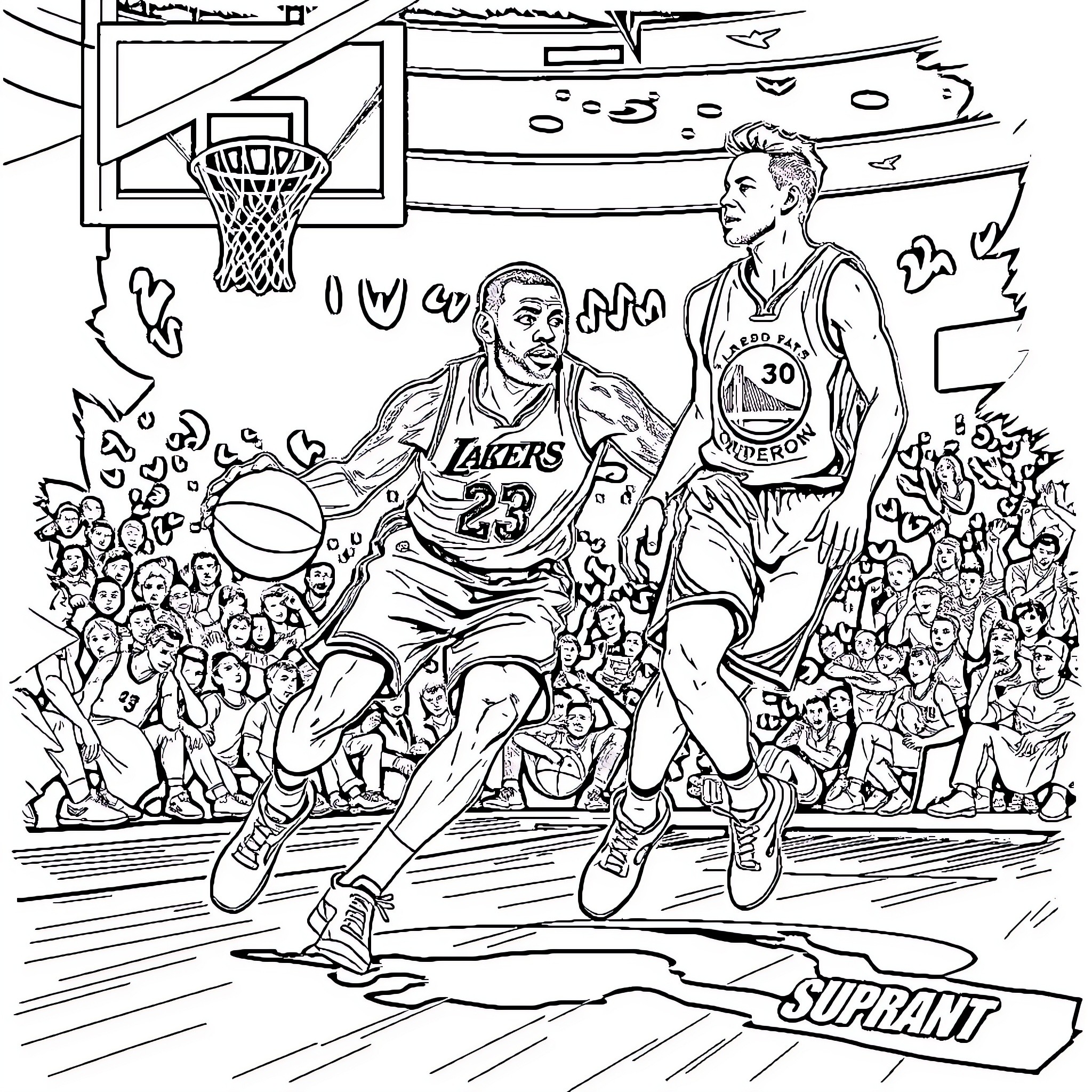 LeBron James and Stephen Curry in an Intense Basketball Game Coloring Page (free black-and-white line drawing printable PDF for all, from beginners to advanced learners, including children, teens, adults, and seniors)