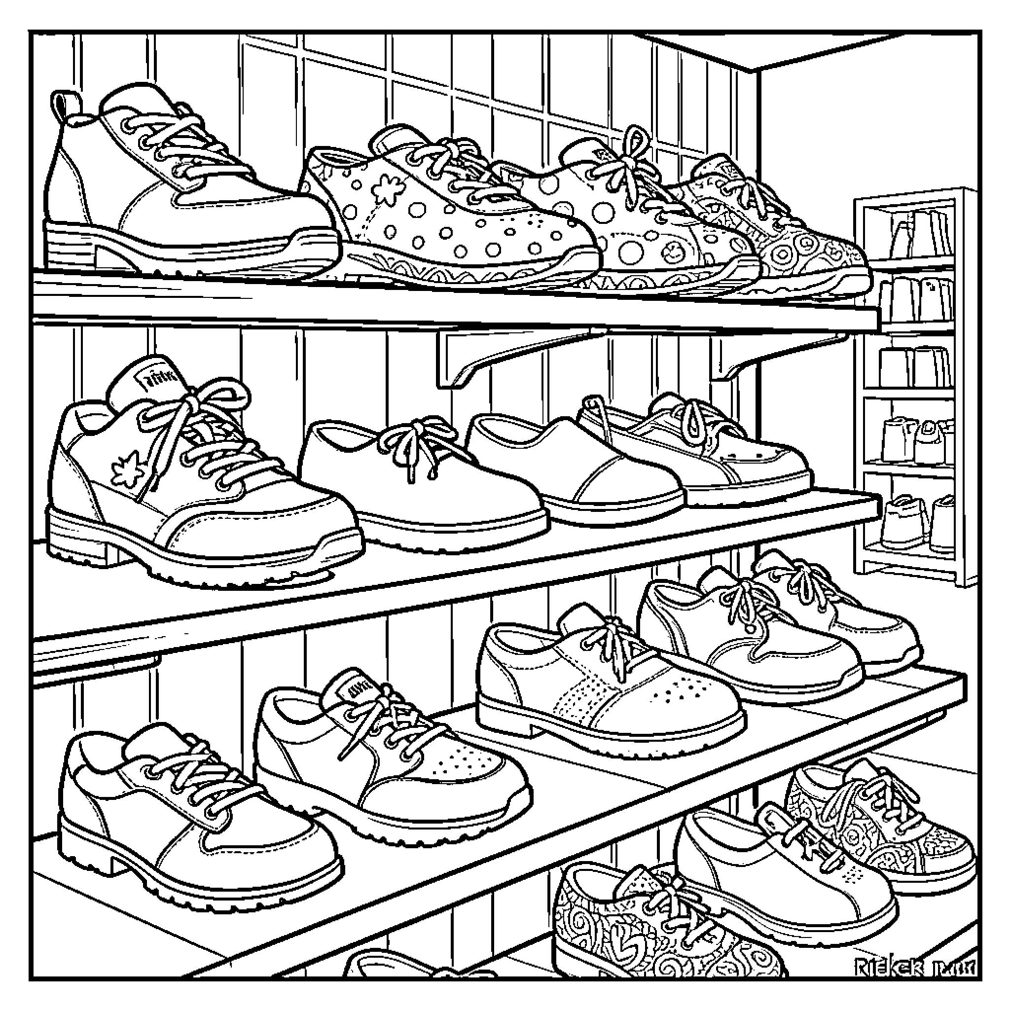 Rieker Shoes on Display in a Store Coloring Page (free black-and-white line drawing printable PDF for all, from beginners to advanced learners, including children, teens, adults, and seniors)