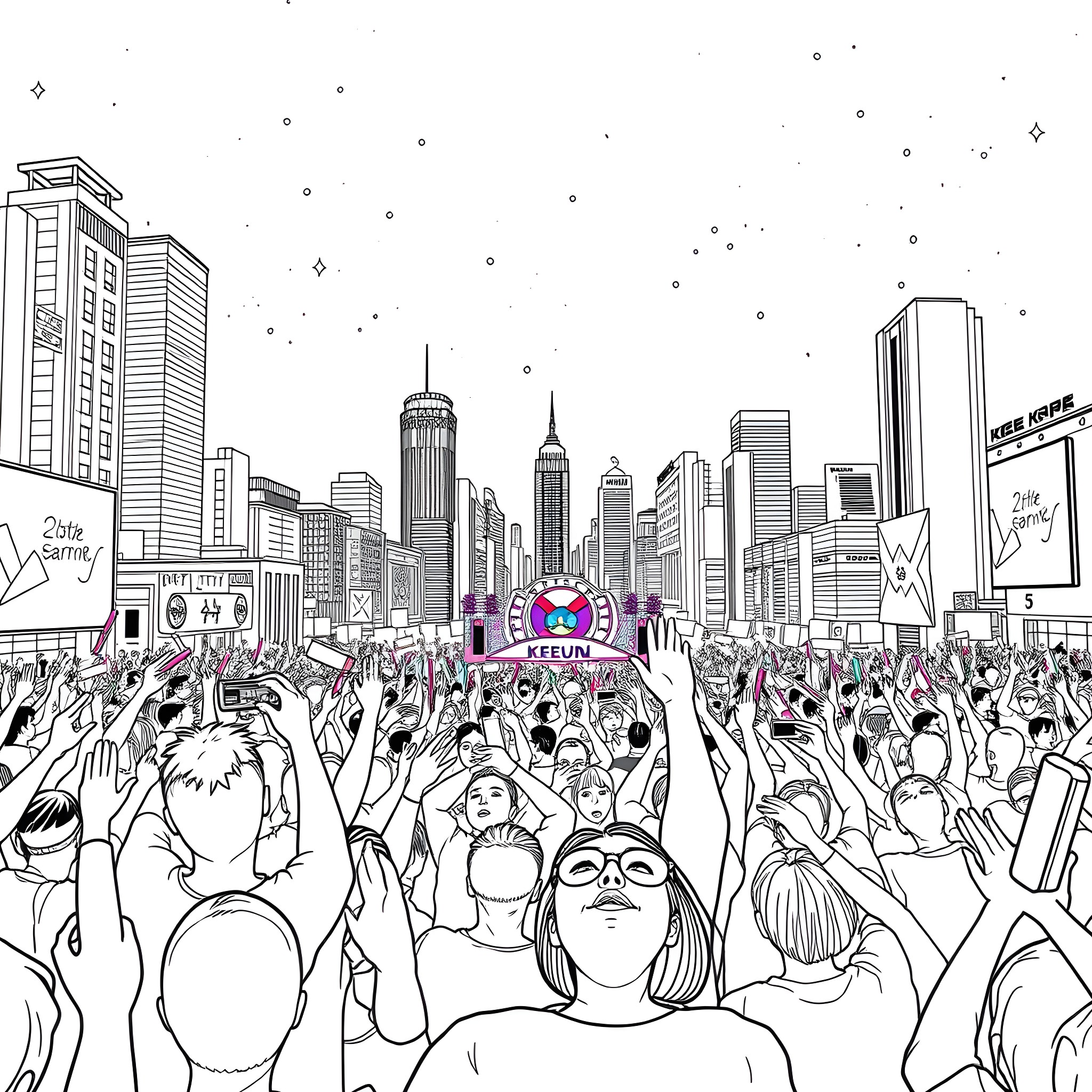 Kpop Festival in the City Coloring Page (free black-and-white line drawing printable PDF for all, from beginners to advanced learners, including children, teens, adults, and seniors)