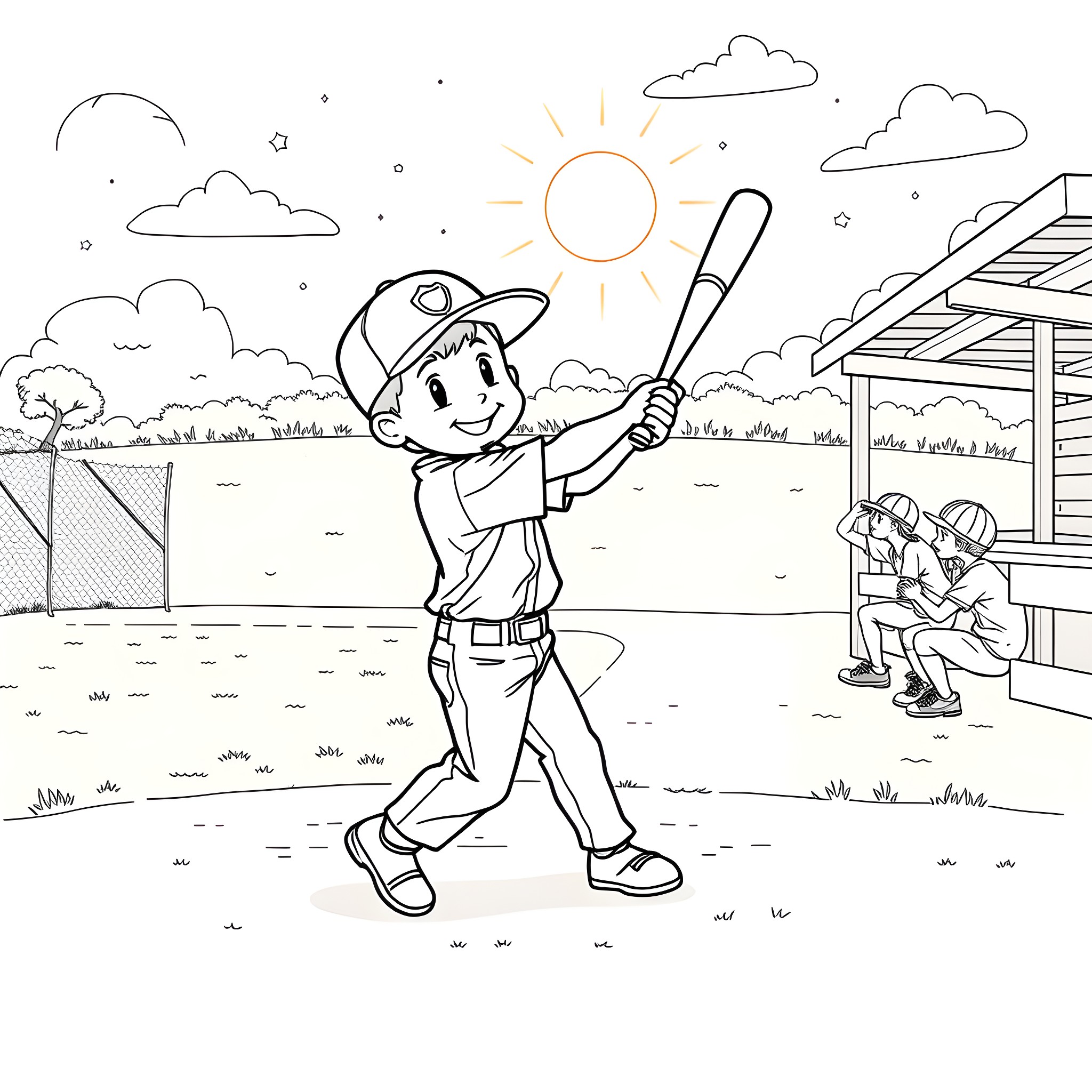 Boy playing baseball on sunny day Coloring Page (free black-and-white line drawing printable PDF for all, from beginners to advanced learners, including children, teens, adults, and seniors)