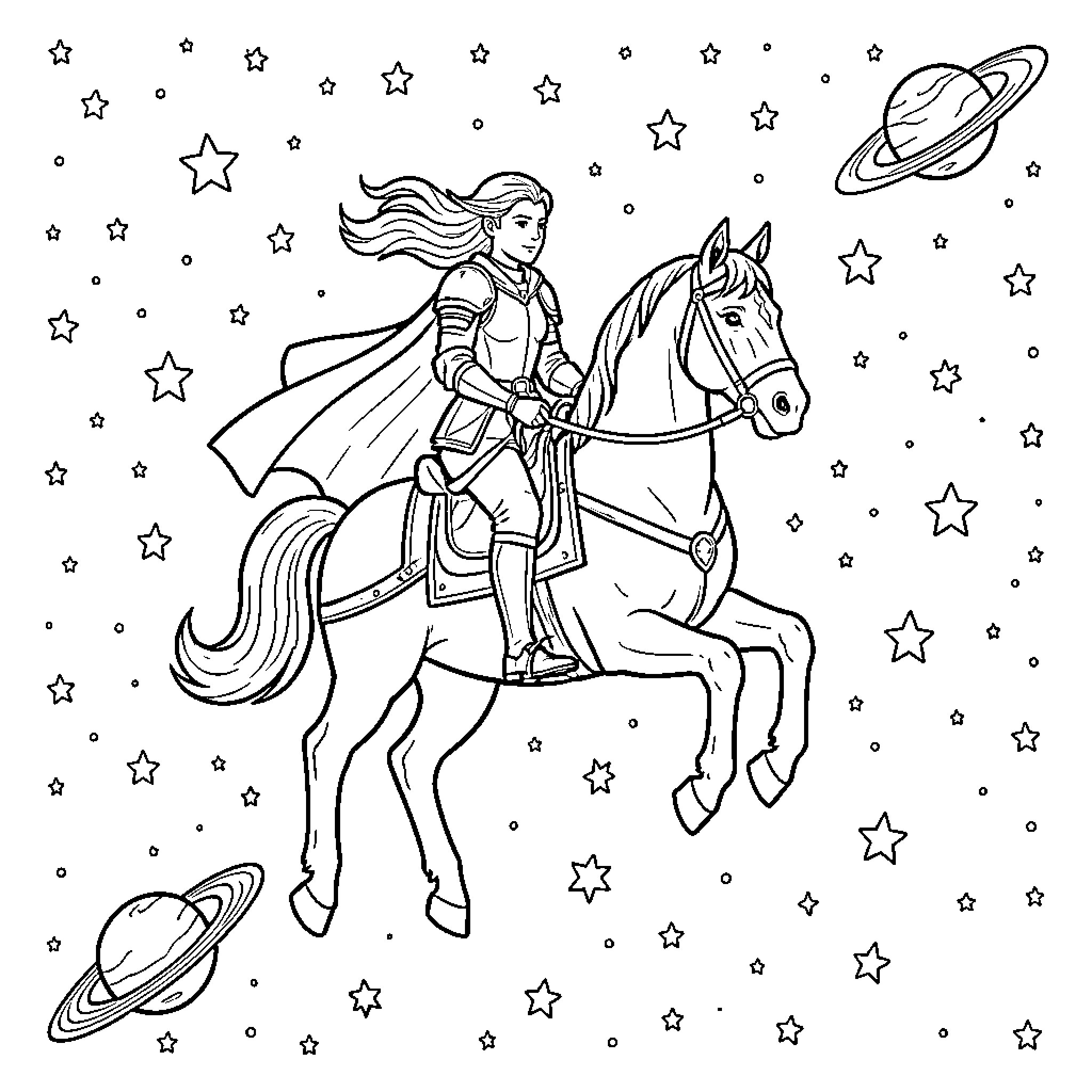Knight riding a horse through a starry galaxy Coloring Page (free black-and-white line drawing printable PDF for all, from beginners to advanced learners, including children, teens, adults, and seniors)