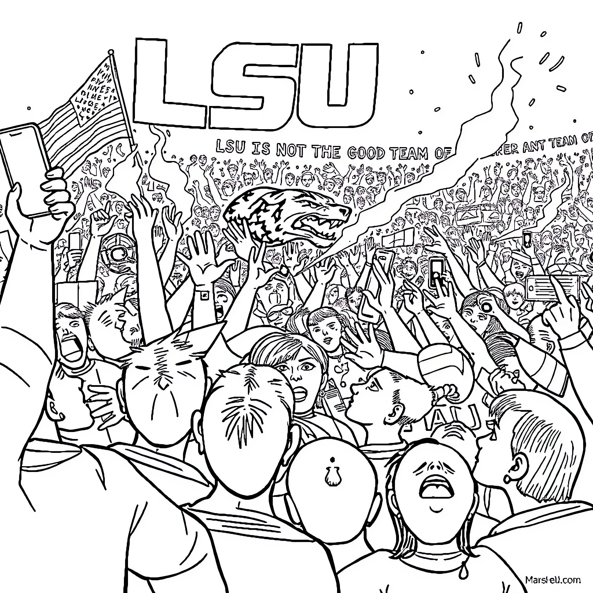 LSU Fans Celebrate in Passionate Crowd Coloring Page (free black-and-white line drawing printable PDF for all, from beginners to advanced learners, including children, teens, adults, and seniors)